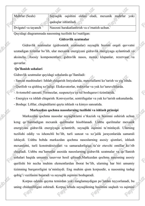 rpusdir, u nasosning tashqi qobig’i vazifasini bajaradi va suyuqlik oqimini boshqaradi. korpus odatda quyma temirdan yoki zanglamaydigan po’latdan tayyorlanadi, bu uning chidamliligini oshiradi. korpus ichida suyuqlikning bosimini saqlash va oqimini yo’naltirish uchun maxsus shakllar, masalan, spiral yoki diffuzor shaklidagi kanallar mavjud. bu qism nasosning bosim chegarasini belgilaydi va ichki elementlarni tashqi ta’sirlardan himoya qiladi.impeller, ya’ni ishchi charkh, nasosning yuragi hisoblanadi. u valga o’rnatilgan va aylanish orqali suyuqlikka kinetik energiya beradi. impellerning pichoqlari suyuqlikni markazdan chetga suradi, bu esa bosimni oshirishga olib keladi. impellerlar ochiq, yopiq yoki yarim ochiq turlarda bo’ladi. ochik impellerlar qattiq zarralar bo’lgan suyuqliklar uchun mos keladi, chunki ular oson tozalanadi, ammo yopiq impellerlar yuqori bosim yaratishda samaraliroq. impellerning materiali odatda bronza yoki po’latdan bo’lib, korroziyaga chidamli bo’lishi kerak. val, ya’ni mil, impeller va boshqa aylanuvchi qismlarni quvvat manbai bilan bog’laydi. u yuqori quvvatli po’latdan tayyorlanadi va aylanishni ta’minlash uchun podshipniklarga o’rnatiladi. valning uzunligi va diametri nasosning o’lchamiga …
