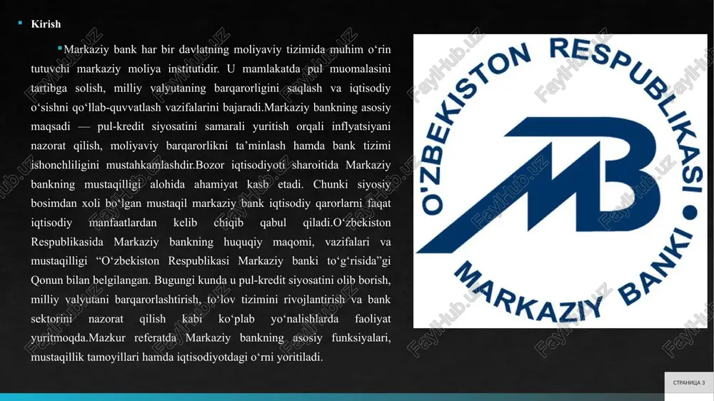 lib, bu inflyatsiyaning yuqori darajasini (yillik 13,9 foiz atrofida) pasaytirishga qaratilgan choradir. stavka oshirilganda kreditlar qimmatlashadi, bu esa isteʼmol va investitsiyalarni cheklab, narxlar oʻsishini sekinlashtiradi. ikkinchidan, ochiq bozor operatsiyalari – markaziy bank davlat qimmatli qogʻozlarini sotib olish yoki sotish orqali likvidlikni boshqaradi. uchinchidan, zaxira talablari – tijorat banklarining markaziy bankdagi zaxiralarini oʻzgartirish orqali kreditlash hajmini nazorat qilish. 6 tijorat banklari faoliyatini tartibga solish va nazorat qilish tijorat banklari faoliyatini tartibga solish va nazorat qilish markaziy bankning moliyaviy barqarorlikni saqlashdagi asosiy mexanizmi boʻlib, u bank tizimining xavfsizligi va samaradorligini taʼminlaydi. oʻzbekistonda 30 dan ortiq tijorat banklari faoliyat yuritmoqda va markaziy bank ularning kapital yetarliligi, likvidligi va risklarni boshqarishini doimiy nazorat qiladi. bu tartibga solish basel standartlariga asoslanadi va bank inqirozlarining oldini olishga qaratilgandir.nazorat mexanizmlari orasida litsenziyalash, hisobot talablari va tekshiruvlar kiradi. masalan, har chorakda “bank tizimi faoliyati koʻrsatkichlari” hisoboti eʼlon qilinadi, unda kredit portfeli, depozitlar va foiz stavkalari aks etadi. 2025-yilning …