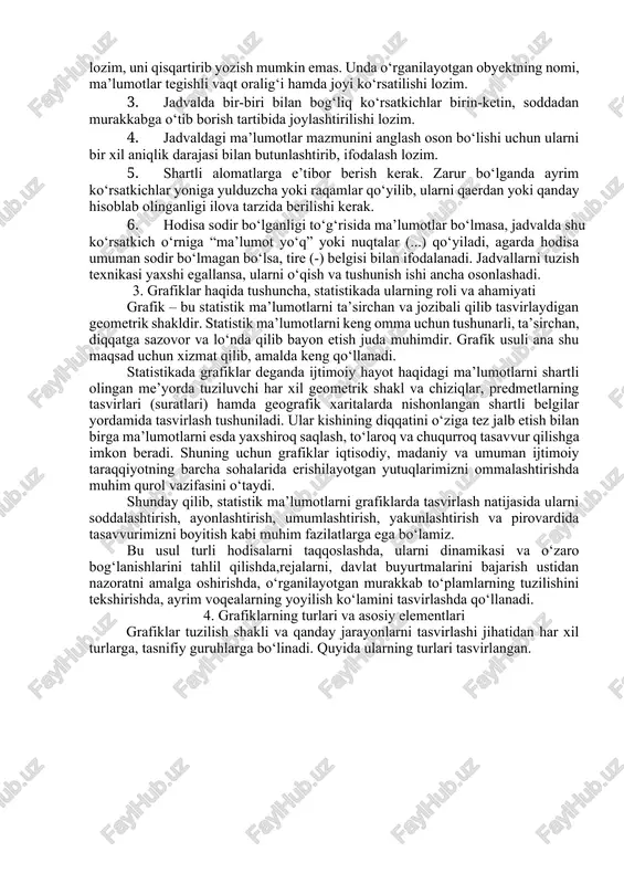 icha gruppalash amalga oshirilgan bo‘lsa, bunday jadval gruppaviy jadval deyiladi (5.5 jadvalga qaralsin). kombinatsion jadval – bu ega qismida obyektlarni ikkita va undan ortiq belgilari asosida guruhlash natijalarini aks ettiradigan jadvaldir. ayrim paytlarda voqea va hodisalarni bir belgisi bo‘yicha guruhlaganda ularni to‘liq o‘rganishning iloji bo‘lmaydi. bunday paytda voqea va hodisalar ikki va undan ortiq belgisi asosida guruhlarga ajratilib o‘rganiladi. buning uchun, avval o‘rganilayotgan hodisa to‘plami bir belgisi bo‘yicha, keyin har qaysi guruh boshqa belgi bo‘yicha kichik guruhchalarga ajratiladi. bunday guruhlash natijalari asosida kombinatsion jadvalar tuziladi. ular oddiy jadvallarga qaraganda voqea va hodisalarning o‘zaro aloqasi va bog‘lanishlarini chuqurroq va to‘la yoritishga yordam beradi.(4.7 jadvalga qaralsin) voqea va hodisalarni o‘rganish jarayonida va qo‘yilgan vazifalarga qarab ega va kesim o‘z o‘rinlarini almashtirib turishi mumkin. statistik jadval ixcham va ko‘rimli chiqishi uchun, uni tuzishda quyidagi qoida va tartiblarga amal qilish kerak : 1. jadvallar hajmi katta bo‘lmasligi kerak. murakkab to‘plamlarni o‘rganishda jadval hajmini kattalashtirmasdan, …