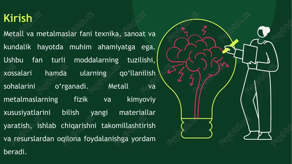 atish, mavjudlarni takomillashtirish va global muammolarni hal etishga hissa qo'shadi 10 moddalar tarkibi va tuzilishini o‘rganish metodlarini ishlab chiqish metall va metalmaslar fanining eng muhim vazifalaridan biri moddalar tarkibi va tuzilishini o‘rganish uchun yangi metodlar ishlab chiqishdir. bu jarayon moddalarning atom va molekula darajasidagi xususiyatlarini aniqlash, ularning fizik-kimyoviy parametrlarini o'lchash va bashorat qilishga asoslanadi. 11 sanoat ishlab chiqarishida metall va metalmaslardan samarali foydalanish metall va metalmaslar fanining uchinchi vazifasi atrof-muhitga ta’sirni kamaytirish yo‘llarini aniqlash bo'lib, bu ekologik barqarorlikning asosiy shartidir. sanoat faoliyati metall va metalmaslar ishlab chiqarishda suv, havo va tuproqni ifloslantirishi mumkin, masalan, temir rudasi qazib olishda og'ir metallar – simob yoki kadmiy – chiqindilarga aralashadi. fan mutaxassislari bunday ta'sirlarni baholash va minimallashtirish uchun ekologik modellashtirish va monitoring usullarini ishlab chiqaradilar. sanoat ishlab chiqarishida metall va metalmaslardan samarali foydalanish metall va metalmaslar fanining ikkinchi asosiy vazifasidir. bu vazifa resurslarni tejash, xarajatlarni kamaytirish va mahsulot sifatini oshirishga qaratilgan bo'lib, global …