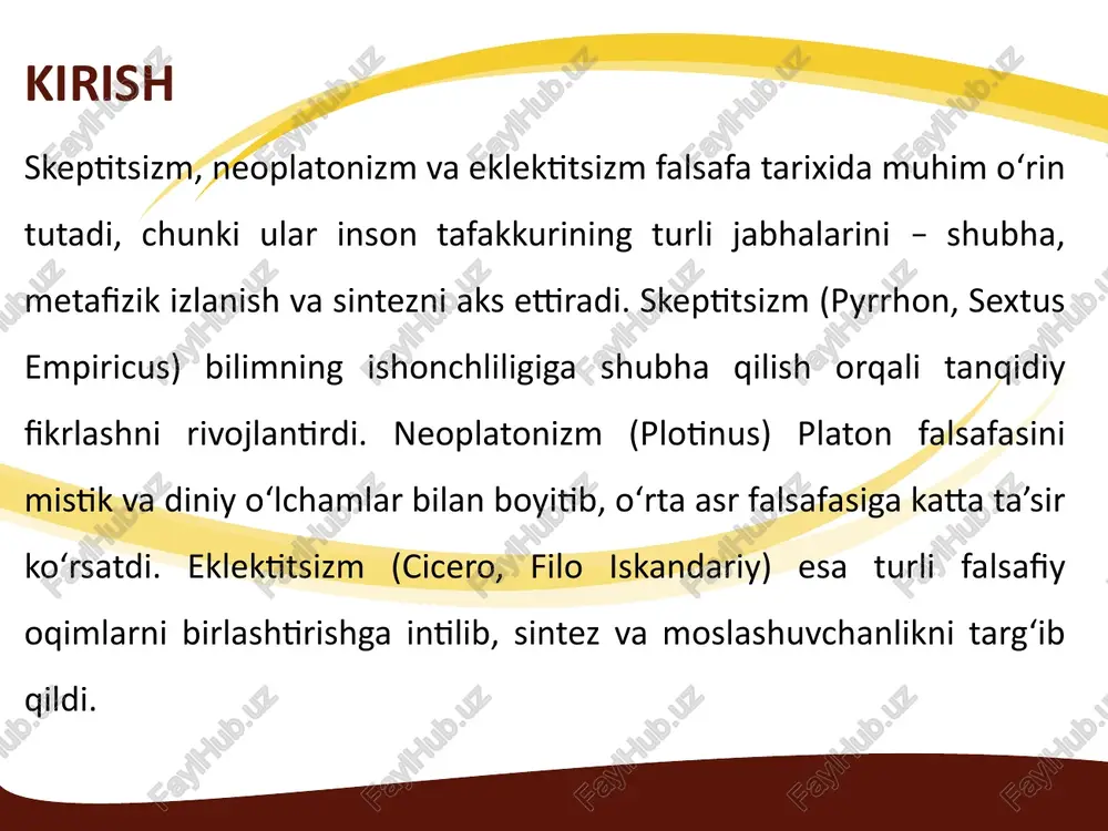 faqat antik dunyoda, balki o‘rta asrlar xristian, islom va yahudiy falsafalarida ham muhim o‘rin egalladi. bu maqolada neoplatonizmning shakllanishi, asosiy g‘oyalari, ilohiy va insoniy bilish o‘rtasidagi aloqalar hamda uning o‘rta asrlar falsafasiga ta’siri tahlil qilinadi. tahlil dalillar va misollar bilan mustahkamlanadi. neoplatonizmning shakllanishi va asoschisi plotin neoplatonizm iii asrda rim imperiyasida, aleksandriya falsafiy muhitida shakllandi. bu davrda antik dunyo turli diniy va falsafiy oqimlarning sintezi sifatida yangi g‘oyalar izlash jarayonida edi. plotin, misrda tug‘ilib, aleksandriyada ammoniy sakkasdan ta’lim olgan, platon va pifagor an’analarini o‘rganib, o‘ziga xos falsafiy tizim yaratdi. neoplatonizmning asosiy g‘oyalari ruh va materiya yaxshilik birlik neoplatonizmning o‘rta asrlar falsafasiga ta’siri neoplatonizm o‘rta asrlar falsafasiga, ayniqsa xristian, islom va yahudiy an’analariga chuqur ta’sir ko‘rsatdi. uning g‘oyalari diniy metafizika va tasavvufning shakllanishida muhim rol o‘ynadi. quyida neoplatonizmning turli falsafiy an’analarga ta’sirining asosiy yo‘nalishlari keltiriladi: xristian falsafasi: neoplatonizm xristian ilohiyotshunoslariga xudo, yaratilish va inson ruhi haqidagi tushunchalarni shakllantirishda yordam berdi. islom …