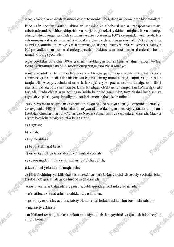 berilgan inventar tartib soni va boshqa asosiy vositalarni analitik hisobini yuritish uchun zarur ma'lumotlar ko‘rsatiladi. aktga texnik hujjatlar (pasport, sertifikat va h.k.) ilova qilinadi. aktni byudjet tashkiloti rahbari tasdiqlaydi. xizmatga yaroqsiz holga kelgan asosiy vositalar boshqarma buyrug‘i asosida tuzilgan akt bilan hisobdan chiqariladi. asosiy vositalarni hisobdan chiqarish aktlarida ularning texnik holati ob'ektni hisobdan chiqarish sabablari, boshlang‘ich qiymati, eskirish summasi, tugatish bilan bog‘liq xarajatlar ko‘rsatiladi. ayrim ob'ektlarni buzish natijasida olingan va tashkilot extyojlari uchun qoldirilgan materiallarning qiymati byudjetdan moliyalashtirish mablag‘larini ko‘payishiga olib boriladi. schyot 02 «asosiy vositalar eskirishi». bu schyotda tashkilot balansida aks etgan asosiy vositalar eskirishining harakati hisobga olinadi. asosiy vositalar eskirish summasi davlat tomonidan belgilangan normalarda hisoblaniladi. bino va inshootlar, uzatish uskunalari, mashina va asbob-uskunalar, transport vositalari, asbob-uskunalar, ishlab chiqarish va xo‘jalik jihozlari eskirish aniqlanadi va hisobga olinadi. hisoblangan eskirish summasi asosiy vositaning 100% qiymatidan oshmaydi. har yili umumiy eskirish summasi kartochkalardan qaydnomalarga yoziladi. dekabr oyining oxirgi ish kunida …