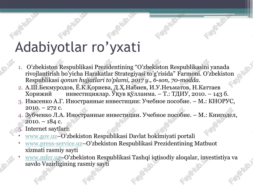 liq stavkalari va ularga doir imtiyozlarni tabaqalashtiruvchi soliq tizimini qo‘llash; asosiy fondlarni jadal amortizatsiya qilish; normalar, qoidalar va standartlarni belgilash; monopoliyaga qarshi choralarni qo‘llash; kredit siyosati va narx belgilash siyosatini o‘tkazish; yerga va boshqa tabiiy resurslarga egalik qilish va ulardan foydalanish shartlarini belgilash; investitsiya loyihalarini ekspertiza qilish mexanizmlarini belgilash; o‘zbekiston respublikasining investitsiya dasturiga kiritilgan investitsiya loyihalarining amalga oshirilishi monitoringini yuritish. investitsiya faoliyatini davlat tomonidan tartibga solish qonun hujjatlarida nazarda tutilgan boshqa shakllarda ham amalga oshiriladi. investitsiya faoliyatini amalga oshirishni muhim shartlaridan biri - muomalada bo’lgan pul birligini qadrsizlanishini oldini olish. investitsiya faoliyatidan olinadigan samarani ko’paytirish maqsadida investitsiyalar hajmini, yo’nalishlarini va manbalarini aniqlash maqsadga muvofiq bo’ladi. shu bilan birgalikda yangi moliyalashtirish, kredit bilan ta’minlash, bahoni tahlil qilish, soliqqa tortish tizimlarini takomillashtirishdir . investitsiya jarayonining barcha sub’ektlari-chet ellik investorlardan boshlab, davlat, yuridik va jismoniy, shu jumladan chet ellik shaxslargacha bu munosabatlarning ishtirokchilariga aylanadilar. chet el investitsiyalari tabiiy ofatlar, falokatlar, epidemiyalar hollarini mustasno …