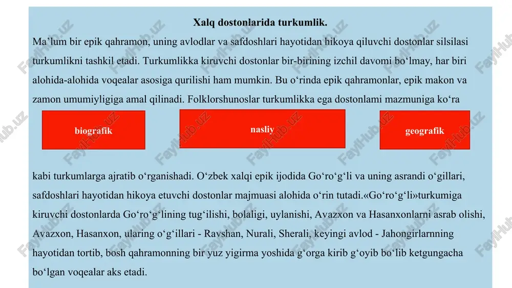 4. xidirali elbegi. 15. zamonbek. 16. hilomon (elomon). 17. xoldorxon (go‘ro‘gaining qirimga borishi). 18. shohdorxon. 19. shoqalandar. 20. xushkeldi. 21. rayhon arab. 22. bektosh arab - yozib olinmagan. 23. govdaroz dev. 24. besh podshoning chambilga yov bo‘lib kelishi. 25. ro‘zaxon. 26. yosqila. 27. ahmad sardor va hasan shoh - yozib olinmagan. 28. ahmad sardor va avazxon - yozib olinmagan. 29. ahmad sardoming suyagi - yozib olinmagan. 30. ahmad sardoming o‘limga buyurilishi. 31. hasanxon go‘ro‘g‘libekning hasanxonni olib kelishi). 32. chambil qamali. 33. dalli. 34. avazxon (g o‘g‘libekning avazxonni olib kelishi). 35. gulqizoy. 36. gulqizoyning vafoti. 37.intizor. 38. malika ayyor (gulshanbog4, tarkibadaxshon). 39.mashriqo. 40. zulfizar. 41. xoldor buvish - yozib olinmagan. 42. oydinoy - yozib olinmagan. 43. bo‘tako‘z (oqbilak oyim yoki oqchishboyning qizi). 44. qunduz bilan yulduz. 45. balogardon. 46. avazxonning arazi (avazxonning dor ostidan qutqarilishi). 47. avaz o‘g‘lonning rumga qochishi.48. avazxonning o‘limga hukm etilishi. 49. sarvinoz. 50.girdob. 51. xonimoy. 52. oyto‘ra …