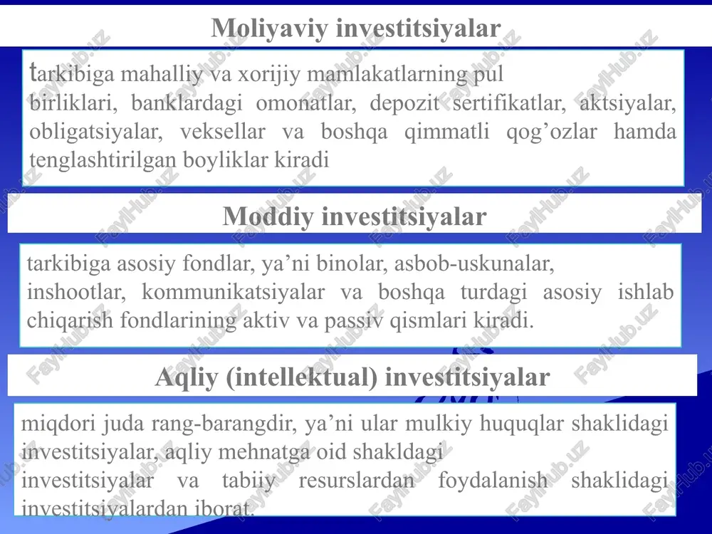 davlatlarga amalga oshiriladi. bevosita investitsiyalar ikki maqsadda yo’naltiriladi: yangi kompaniya tashkil etish; bankrot bo’lgan kompaniyalarni xarid qilish portfel investitsiyalar - shunday investitsiyalarki, bunda kapitalni daromad olish maqsadida korxonalarning aktsiyalari, obligatsiyalari va boshqa qimmatli qog’ozlarini sotib olish uchun sarflanadi. portfel investitsiyalar quyidagi ko’rinishda bo’lishi mumkin: 1. aktsioner qimmatli qog’ozlari - bozor muomalasidagi pul hujjati bo’lib, hujjat egasining ushbu hujjatni chiqargan shaxsga nisbatan mulkiy huquqga egaligini tasdiqlaydi; 2. zayom qimmatli qog’ozlar - bozor muomalasidagi pul hujjati bo’lib, zayom egasining ushbu hujjatni chiqargan shaxsga nisbatan munosabatini tasdiqlaydi. image1.png /docprops/thumbnail.jpeg