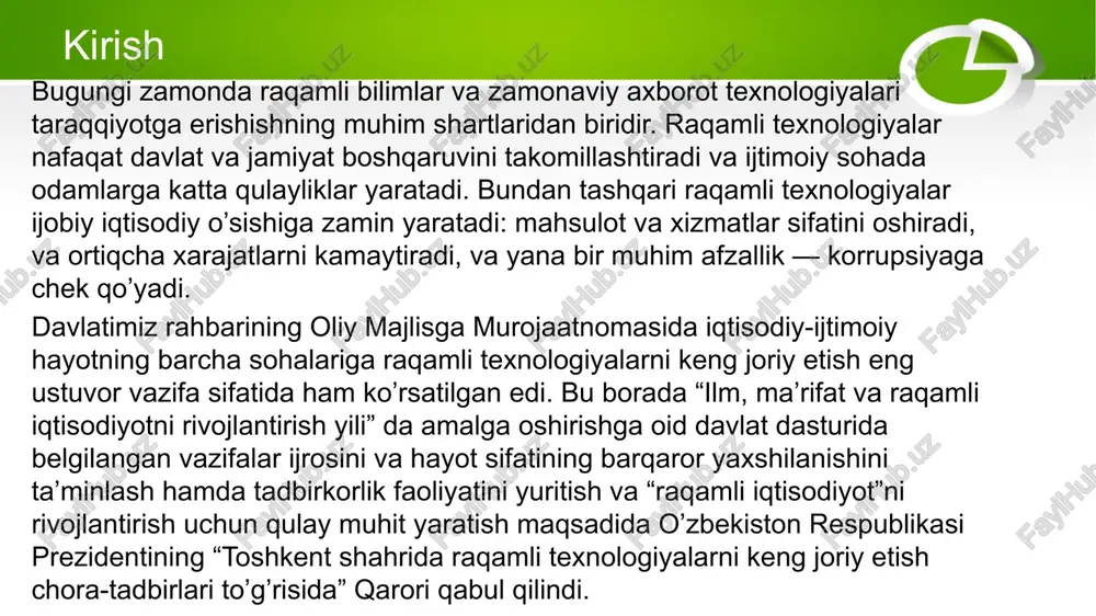 umid uyg’otadi. taxminlarga ko’ra, bu servislar sonining ortishi va xizmatlarga doir elektron savdo hajmining o’sishida o’z aksini topadi. ta’kidlanishicha, raqamli texnologiyalar iqtisodiyotga bog’liq 50 foizdan ortiq sohalarni keskin o’zgartirib yuboradi. ushbu qarash axborot texnologiyalari va raqamli platformalar biznes modellarni keskin o’zgartirib, ularning samaradorligini vositachilarni bartaraf etishi va jarayonlarni optimallashtirishiga asoslangan. jahon banki hisob-kitoblari binoan, tezkor internet foydalanuvchilarining 10 foizga ko’payishi yillik yaim ko’lamini 0,4 foizdan 1,4 foizgacha oshirishi mumkin ekan. shuningdek, raqamli iqtisodiyotning mamlakat yaimdagi ulushi har yili taxminan 20 foizga o’sishi (rivojlangan mamlakatlarda bu ko’rsatkich 7 foiz atrofida) uning ahamiyati belgilaydigan ko’rsatkich sifatida qaraladi. 2010 yilda boston consulting group kompaniyasi raqamlashtirish ko’lamini 20ta mamlakatdan iborat guruh uchun 2,3 trillion dollarga (4,1 foiz yaim) baholagan. agar bu tendensiya saqlanib qolsa, 10-15 yildan keyin bunday iqtisodiyotning jahon yaimidagi ulushi 30-40 foizga yaqinlashadi. raqamli texnologiyalar va uning iqtisodiyotdagi o’rni va ahamiyati rivojlanayotgan iqtisodiyotlarda it sohasida taxminan 1 foiz aholi mehnat qiladi, ushbu …