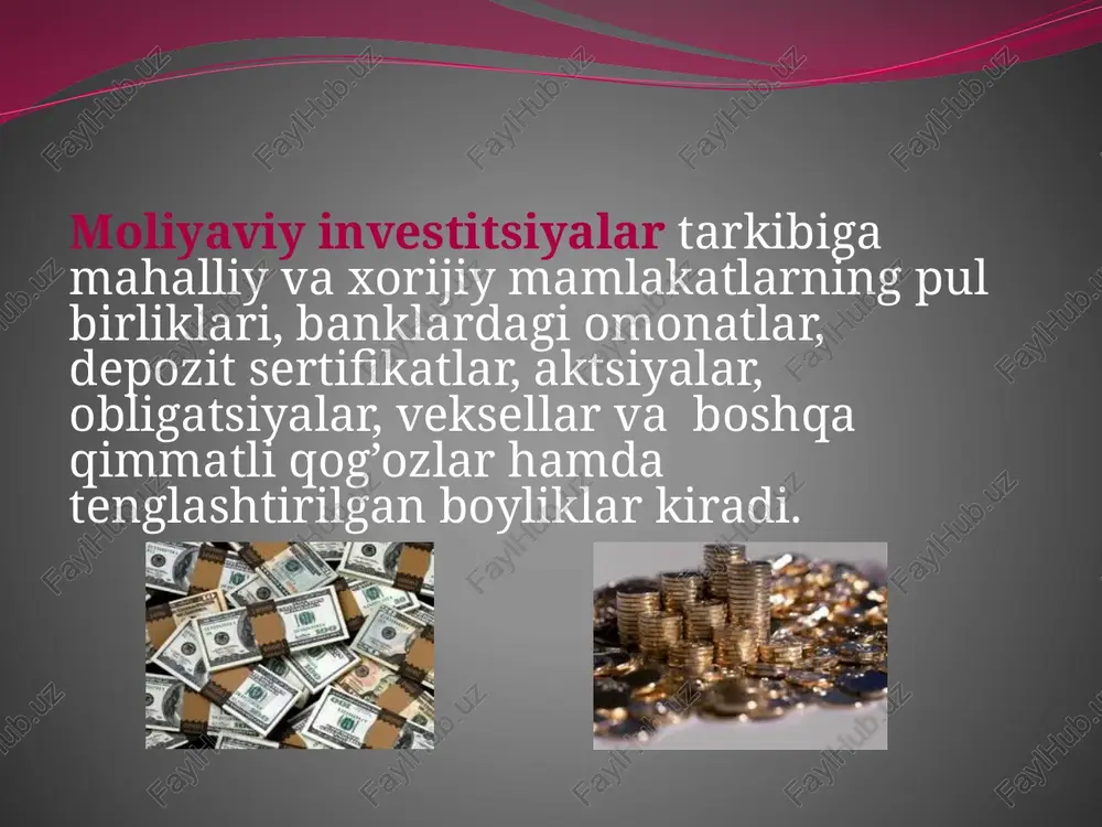 osita investitsiyalar asosan 2 guruhga ajratiladi: transkontinental kapital qo’yilmalar – investitsiya kiritish uchun qulay bozor sharoiti bo’lgan boshqa bir davlat yoki qit’aga investitsiya eksportini amalga oshirishdir. transmilliy kapital qo’yilmalari asosan qo’shni davlatlarga amalga oshiriladi. bevosita investitsiyalar 2 maqsadga yo’naltiriladi: yangi kompaniya tashkil etish; bankrot bo’lgan kompaniyalarni xarid qilish. portfel investitsiyalar (portfolio investments) - shunday investitsiyalarki, bunda kapitalni daromad olish maqsadida korxonalarning aktsiyalari, obligatsiyalari va boshqa qimmatli qog’ozlarini sotib olish uchun sarflanadi. bunday investitsiyalar korxonalarning moliyaviy xo’jalik faoliyati ustidan nazorat o’rnatish huquqini bermaydi. bu turdagi investitsiyalar asosan moliyaviy muammolarni echish uchun murojaat qilinadi. portfel investitsiyalar quyidagi ko’rinishda bo’lishi mumkin: aktsioner qimmatbaho qog’ozlari - bozor muomalasidagi pul hujjati bo’lib, hujjat egasining ushbu hujjatni chiqargan shaxsga nisbatan mulkiy huquqga egaligini tasdiqlaydi; zayom qimmatbaho qog’ozlar – bozor muomalasidagi pul hujjati bo’lib, zayom egasining ushbu hujjatni chiqargan shaxsga nisbatan munosabatini tasdiqlaydi. portfel investitsiyasining bevosita investitsiyalardan afzallik tomoni shundaki, ular tugatilish vaqtida qimmatbaho qog’ozlar tezda naqd …