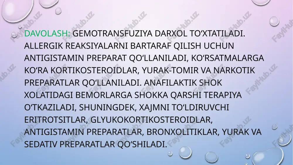 r quyiladi erkin gemoglobinni chiqarish va fibrinogen degradatsiyasini oldini olish uchun. infuzion terapiya xajmi diurezga mos boʻlishi va markaziy venoz bosim darajasi nazoratga olinishi zarur. rezus-faktor va eritrotsitlarni boshqa antigen tizimlari boʻyicha mos boʻlmagan qon quyilgandagi asoratlar. bu tur asoratlar rezus-faktor boʻyicha sensibilizatsiyaga uchragan bemorlarda kuzatiladi. bu rezus-faktor manfiy bemorlarga rezus musbat qon gemotransfuziyasi natijasida sensibilizatsiyalanganda yoki ayollarda rezus musbat xomila bilan xomiladorlikda kelib chiqishi mumkin. davolash. ab0 tizimi boʼyicha mos kelmaslikdagiday terapiya oʻtkaziladi. profilaktika. batafsil transfuziologik anamnez yigʻish va gemotransfuziya qoidalariga rioya qilish massiv gemotransfuziya sindromi bu sindromni rivojlanishiga oʻtkir qon yoʻqotish fonida retsipientning qon oqimiga qisqa muddat ichida sirkulyatsiyadagi qon xajmini 40-50% idan koʻp miqdorida qon quyish fonida kelib chiqadi. uning rivojlanishi yot donor toʻqimasini ajratish reaksiyasi, immunobiologik jarayonlar bilan bogʻliq (immunoglobulinlar asosiy rol oʻynaydi). immunologik agressiv plazma oqsillari, jumladan, spontan gemostazni balanslashmagani bilan bogʻliq (turli muddat saqlangan qonni quyish), konservantlarni toksik taʼsiri bilan tushuntiriladi. klinikasi. bu asorat …