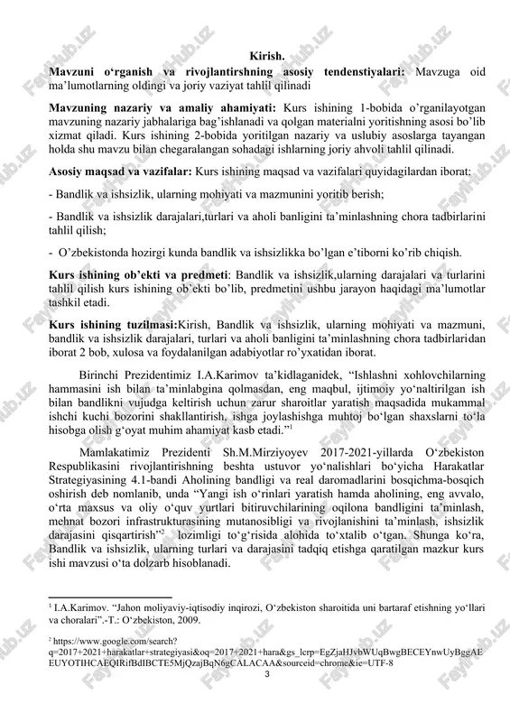 uchun, o‘zbekistonda yangi ish o‘rinlari tashkil etish va aholi bandligini ta’minlashga qaratilgan ilmiy taklif va amaliy tavsiyalar ishlab chiqish mavzuning dolzarbligini ko‘rsatadi. ushbu kurs ishida ishchi kuchi bandligi to‘g‘risidagi turli xil nazariyalar sharhi, ishsizlikning mohiyati, turlari va uning darajasini aniqlash, o‘zbekistonda ishchi kuchi bozorining hozirgi holati tahlili, o‘zbekistonda yangi ish o‘rinlarini tashkil etish va bandlikni ta’minlash maqsadli dasturlarini amalga oshirishning hozirgi holati tahlil qiladi. ishsizlik — bir qism iqtisodiy faol aholining oʻziga loyiq ish topa olmasdan qolishi va mehnat zaxirasiga aylanishi. oʻzbekistonda ishsizlik tushunchasi rasman 1992-yil "aholini ish bilan taʼminlash toʻgʻrisida"gi qonunining qabul qilinishi bilan meʼyoriy kuchga ega boʻldi.”[footnoteref:3] (1998-yil 1 mayda ushbu qonunning yangi tahriri qabul qilindi). [3: 510-xii / 01.05.1998. oʻzbekiston respublikasining 1998-yil 1-maydagi “aholini ish bilan taʼminlash toʻgʻrisida” · http://lex.uz/docs/-14893?ondate=13.06.1995.] ishsizlik inson manfaatlariga toʻgʻridan toʻgʻri taʼsir qiladigan yirik ijtimoiy-iqtisodiy muammolardan biri hisoblanadi. ish joyini yoʻqotish koʻp kishilar uchun oilaviy turmush darajasining pasayishini, shaxsiy hayotining notinchligini keltirib chiqaradi, …