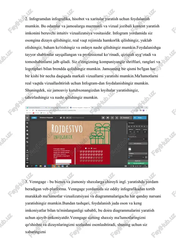 avfsizligini ishlab chiqish) -- dasturiy mahsulotlarni ishlab chiqish uchun ishlab chiqish vositalarini yaratish kontseptsiyasi, unga maxsus biriktirilgan texnologik jarayon, bu dasturchiga imkon qadar tezroq kompyuter dasturlarini yaratishga imkon beradi.), 6. adioma ajoyib! biz undan facebookdagi infografikamiz uchun foydalanamiz. foydalanish juda oddiy, yoqimli, minimal interfeys. adioma bilan infografikani yaratish juda tez. bu sizga nuqta yoki qisqa jumlalarni kiritish va tezda infografikani yaratish imkonini beruvchi ajoyib vositadir. sayt sizning matningizga mos keladigan rasmlarni taklif qiladi va siz ularni o'zgartirishingiz va dizaynni o'zgartirishingiz mumkin. juda ajoyib vizual infografik vosita! juda ajoyib vizual infografik vosita! infografik generatorlarning eng katta muammolaridan biri shundaki, ularda ko'pincha fan va texnologiyaga oid ixtisoslashgan mavzularni qamrab oluvchi piktogramma mavjud emas. biz iloji boricha ko'proq so'zlarni qamrab olishga e'tibor qaratdik va bitta grafik uslubda eng katta piktogramma to'plamini yaratdik. bu sizga vizual dissonans yaratmasdan xohlagancha ko'p piktogrammalardan foydalanish imkonini beradi. 7. picmonkey bu bizga tasvirlarni loyihalash va tahrir qilish, turli …