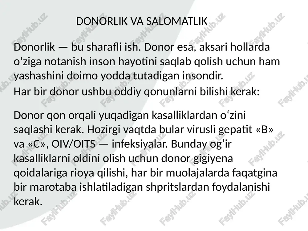 i. olingan qon orqali donorning qon guruhi va qonda bo‘lishi mumkin bo‘lgan yuqumli kasallilar – oits, virusligepatit b, gepatit c, zahm aniqlanadi. oltinchi bosqich: dam olish va ovqatlanish qon topshirganingizdan keyin, siz bir necha daqiqa davomida hamshira kuzatuvi ostida bo‘lasiz. jo‘nab ketishdan oldin markaz tomonidan sizga nonushta beriladi. donor jo‘nab ketgandan so‘ng, olingan qon maxsus joyda saqlanadi. tekshirish va test amalga oshiriladi. agar tekshirish jarayonida qandaydir salbiy natijalar chiqsa, donor qisqa muddat ichida qon olishi muolajasini amalga oshirgan shifokor tomonidan markazga chaqiriladi: qon topshirish anonimik va beg‘araz tarzda amalga oshadi. hech qanday ma’lumot respublika oits yoki boshqa shifoxonalarga jo‘natilmaydi 18 yoshdan 60 yoshgacha bo‘lgan, vazni 50 kg dan yuqori har bir shaxs qon topshirishi mumkin. donorlik qilish uchun kimlar qon topshirishi mumkin? ikkita qon topshirish oralig‘idagi davr — kamida 2 oyni tashkil qilishi lozim. 1)yiliga har bir shaxs 4 marta qon topshirishi mumkin; 2)har bir topshirilgan qonning maksimal hajmi – …