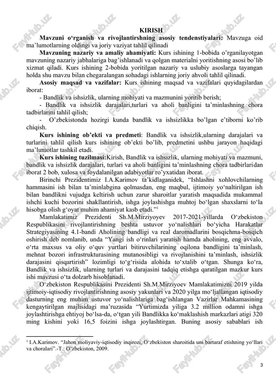 tirgan. buning asosiy sabablari ish faoliyatidagi eskirgan shakl va usullar hamda bandlik muammolarini hal etishdagi rasmiyatchilik bilan bog‘liq.” deb ta’kidlab o‘tdi. shuning uchun, o‘zbekistonda yangi ish o‘rinlari tashkil etish va aholi bandligini ta’minlashga qaratilgan ilmiy taklif va amaliy tavsiyalar ishlab chiqish mavzuning dolzarbligini ko‘rsatadi. ushbu kurs ishida ishchi kuchi bandligi to‘g‘risidagi turli xil nazariyalar sharhi, ishsizlikning mohiyati, turlari va uning darajasini aniqlash, o‘zbekistonda ishchi kuchi bozorining hozirgi holati tahlili, o‘zbekistonda yangi ish o‘rinlarini tashkil etish va bandlikni ta’minlash maqsadli dasturlarini amalga oshirishning hozirgi holati tahlil qiladi. ishsizlik — bir qism iqtisodiy faol aholining oʻziga loyiq ish topa olmasdan qolishi va mehnat zaxirasiga aylanishi. oʻzbekistonda ishsizlik tushunchasi rasman 1992-yil "aholini ish bilan taʼminlash toʻgʻrisida"gi qonunining qabul qilinishi bilan meʼyoriy kuchga ega boʻldi.”[footnoteref:2] (1998-yil 1 mayda ushbu qonunning yangi tahriri qabul qilindi). [2: 510-xii / 01.05.1998. oʻzbekiston respublikasining 1998-yil 1-maydagi “aholini ish bilan taʼminlash toʻgʻrisida” · http://lex.uz/docs/-14893?ondate=13.06.1995.] ishsizlik inson manfaatlariga toʻgʻridan toʻgʻri …