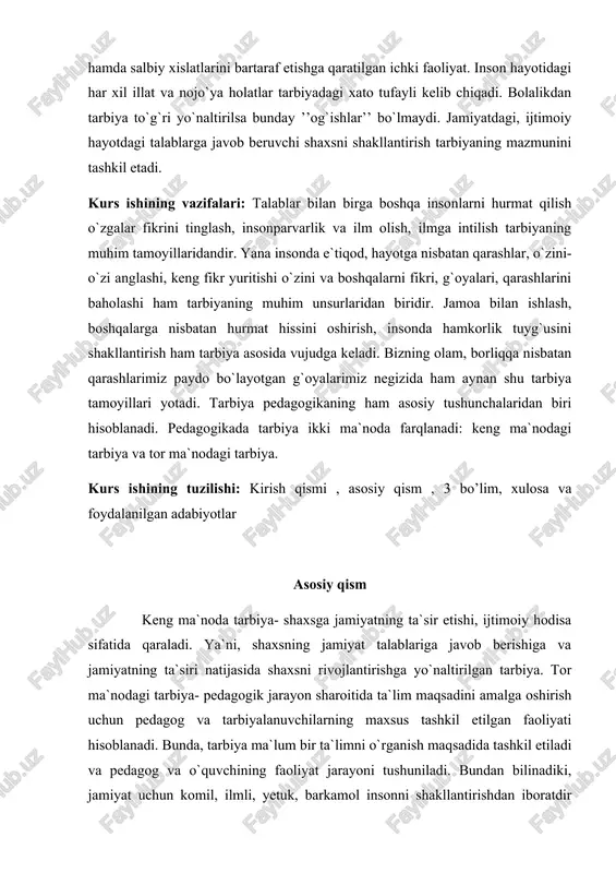 ni’’ tayyorlash; madaniyatlarni uzatib turish orqali ijtimoiy hayotning barqarorligini ta`minlash; ma`lum jins yoshi va ijtimoiy kasbiy guruhlarning qiziqishlarini hisobga olgan holda ijtimoiy munosabatlar doirasida jamiyat a`zolarining harakatini tartibga solish. xalqimiz uchun abadiy yo`qolmaydigan qadimiy tushuncha hisoblanadi tarbiya. axloq, ta`lim, odob, tarbiya kabi tuyg`u-tushunchalar qonimizga singib ketgan qadriyatimizdir. qadimdan tarbiya, maktab, ta`lim sohasiga jiddiy e`tibor qaratishgan. buyuk adiblarimiz alisher navoiy, behbudiy, abdulla avloniy, abdurahmon jomiy, abu ali ibn sinolarning asarlarida ham bu qrashlar o`z ifodasini topgan. millatimizning madaniyati qanchalik boy ekanligini ham shundan bilib olsak bo`ladi. ma`rifatparvarlardan biri, abdulla avloniy ta`lim va tarbiya, maktab ochish, yoshlarni bilimli ma`naviyatli qilib tarbiyalash haqida qator ishlarni olib boradi. ko`plab asarlarini ta`lim olish, bilim va tarbiyaning mazmuni va mohiyatini yoritib bergan holda, insonlarni ta`lim, tarbiya olishga undash, pand-nasihat shaklida yozadi. ayniqsa, tarbiya haqida bildirgan fikrlari hozirgi kunda ham o`z ahamiyatini yo`qotmasdan, biz uchun kerakli bo`lgan ko`nikmalarni o`zida saqlab qolgan. avloniyning pedagogik qarashlari bugungi kundagi maktablarning …