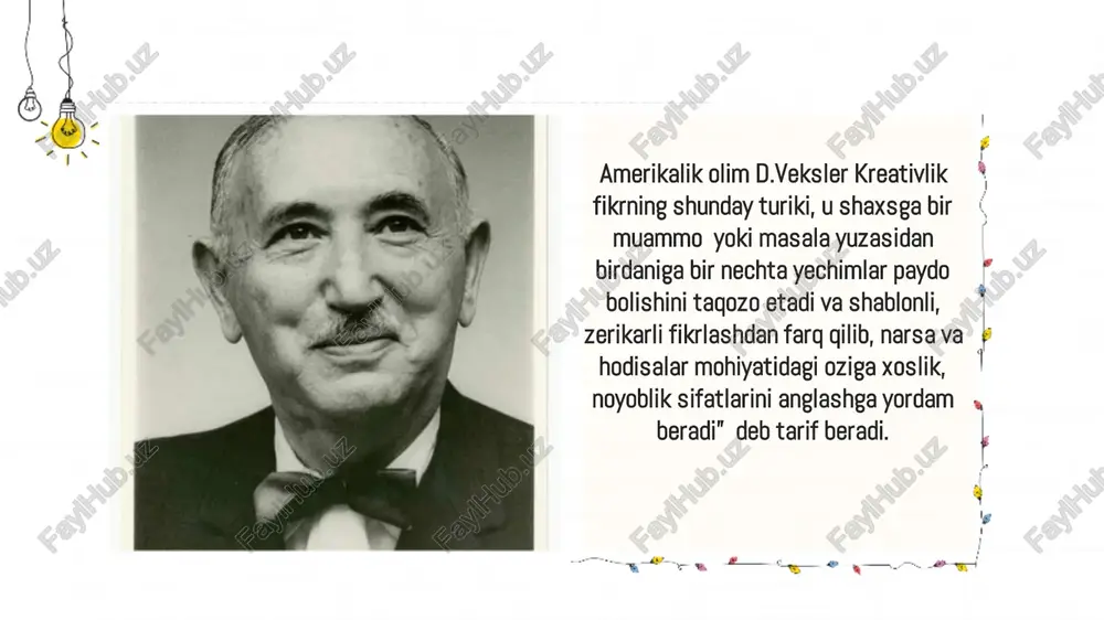 , oqituvchilarning atigi 10-12 foizi noananaviy, ijodiy ishlaydi va bundan quvonch va qoniqish oladi 9/10 - talabalar kabi, ular oz ishlariga xizmat qilishadi va quvonchdan kora koproq ogriqli his-tuygularni olishadi. buni bilish juda muhim, chunki oqituvchining ozini ozi bilishi uning kasbining chuqurligini tushunishdan boshlanadi. oqituvchi ishini qatiy tartibga solish stereotipi koplab talim xodimlarini asir qiladi: tarbiyachilar va enagalar, oqituvchilar va kasb-hunar talimi mutaxassislari, maktablar, texnik maktablar va universitetlar oqituvchilari. ▪ binobarin, tarbiya va talimdagi ijodkorlikning eng yuqori darajasi pedagogik eksperimentdir. tajriba davomida yangi pedagogik texnologiya sinovdan otkaziladi va mavjud bolish huquqi beriladi. etiboringiz uchun rahmat! etiboringiz uchun rahmat! the japanese secret to a long and happy lifethe japanese secret to a long and happy life zoho show to create beautiful presentations, download zoho show from play store https://zoho.to/cy7 untitled presentation.pdf (this pdf has been generated using zoho show)