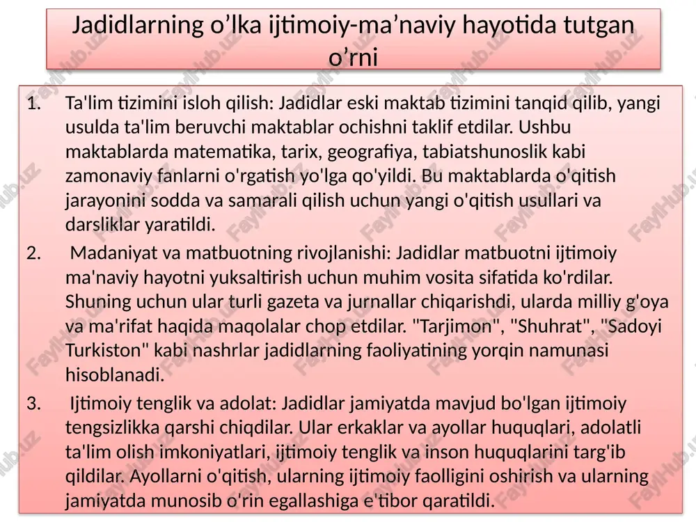 i yoritishga va xalq orasida axloqiy tarbiya berishga qaratilgan. mahmudxo’ja behbudiy mahmudxo'ja behbudiy (1875-1919) - samarqandlik jadidchilik harakati vakili. "oyna" jurnalini nashr etib, milliy uyg'onish g'oyalarini ilgari surgan. yangi usuldagi maktablar ochib, xalqni savodli qilishga katta hissa qo'shgan. teatr va adabiyotda yangi yo'nalishlar yaratgan. abdurashid ibrohimov abdurashid ibrohimov (1857-1944) - buxoroda faoliyat ko'rsatgan jadid pedagogi. yangi maktablar ochib, zamonaviy ta'limni joriy qilishga harakat qilgan. o'quv materiallarini yaratib, milliy bilim olishni targ'ib qilgan. uning islohotlari o'z vaqtida katta ijtimoiy ahamiyatga ega bo'lgan. abdulhamid cho’lpon abdulhamid cho'lpon (1893-1938) -shoir, dramaturg va yozuvchi. o'zbek she'riyatining yangilanishiga katta hissa qo'shgan. uning asarlari milliy g'oyalar va ijtimoiy muammolarni yoritgan. o'zining dramaturgiyasi orqali milliy tafakkurni rivojlantirgan. jadidlar davrida kutubxonalar jadidchilik harakati xix asr oxiri va xx asr boshlarida o'rta osiyo va turkistonda milliy uyg'onish, ta'lim islohotlari va ma'naviy rivojlanish uchun ko'plab yangiliklarni olib keldi. jadidlar, asosan, yangi usuldagi maktablar ochish, ilm-fanni rivojlantirish, jamiyatni o'zgartirish va xalqni …
