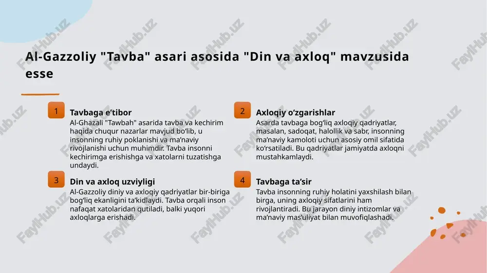 hayot kechirishga undaydi, jamiyat muvozanatini ta’minlaydi. 4 ma’naviy rivojlanish axloqiy qadriyatlar shaxsning ruhiy va ma’naviy o‘sishiga xizmat qiladi, diniy amallar va axloqiy qadriyatlar birgalikda insonni kamolotga yetaklaydi. etika va diniy amallar: yuksak axloqni shakllantirishdagi muhim omillar 01 axloq va diniy amallarni birlashtirish diniy amallar va axloqiy qadriyatlar bir-birini to'ldirib, insonning ruhiy va ma'naviy rivojlanishiga xizmat qiladi, yuksak axloqni shakllantiradi. 02 ma'naviy intizom va axloq diniy amallarni bajarish orqali inson o'zini ma'naviy jihatdan tarbiyalab, muqaddaslik va halollik kabi axloqiy sifatlarni rivojlantiradi. 03 ijtimoiy ta'sir va yuksaklik diniy amallar jamiyatda muvozanat va adolatni mustahkamlaydi, insonlarni yuksak axloqiy standartlarga erishishga undaydi, jamiyatni yaxshilaydi. islom falsafasida tavba va axloqiy rivojlanishning diniy asoslari tavbaga bo‘lgan diniy qadriyatlar axloqiy rivojlanishning diniy poydevori tavbaga oid diniy amallar tavba islamda muqaddas va muhim amal bo‘lib, insonning xatolaridan qutilish va allohga bo‘lgan bo‘ysunishini qayta tiklash uchun asosiy diniy asosdir. tavba orqali inson ichki tozalik va axloqiy yuksalishga erishadi, bu …