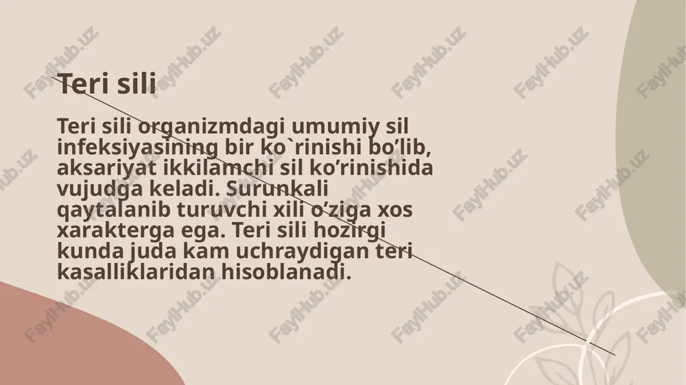 sallik deb atalgan. kasallik gematogen yoki limfogen yo’l orqali yuqadi. teri sili o’choqlari aksariyat hollarda bemorning yuzi, burni, yuqori lablari, lunji va quloq supralari sohasida joylashadi. ko’pincha zararlangan o’choqlarga terining shilliq qismi ham qo’shilib ketadi. sil yugurugining birlamchi morfologik elementi do’mboqcha yoki lyupomadir, u yarimsharsimon, chegarasi aniq, kattaligi igna uchiday va undan kattaroq, sarg’ish- gizil rangli, yumshoq bo’ladi, og’rimaydi. yuzasi silliq yaltiroq kulrangsimon tovlanib turadi, keyinchalik shu joylar po’st tashlaydi. post tashlash, ayniqsa, yassi sil yugurugida ko’zga yaqqol ko’rinadi. 9 so’galsimon teri sili: teri silining boshqa xillariga nisbatan kam, ko’proq erkaklarda uchraydi. ma’lumotlarga qaraganda bu dard bemorning kasb-koriga bir qadar bog’liq bo’lib, ko’pincha patologoanatomlar, qassoblar, kush- xona ishchilarida kuzatiladi. so’galsimon teri sili o’pka, ichak va boshqa a’zolar sili bilan og’rigan bemorlarda autoinfeksiya yo’li bilan yuzaga keladi. 10 sogalsimon teri sili: kasallikning asosiy belgisi do’mboqchalar bo’lib, ular ko’pincha bemorning qo’l va ba’zan oyoq barmoqlari yon qismida, to’piq sohasida paydo bo’ladi. kattaligi …