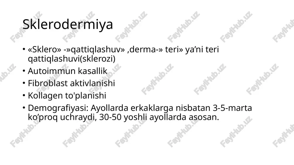 iq) diffuz tarzida autoimmun yallig’lanishli kasalligi ayollarda erkaklarga nisbatan 2 barobar ko’p uchraydi,1 million aholining 3-5-nafarida uchrash ehtimoli bor,barcha yoshdagi insonlarda uchrashi mumkin,asosan bolalarda 4-15 yoshlarida,kattalarda 40-50 yoshlaridan keyin ko’proq uchraydi bemorlarning 25-30 foizida teri sindromi bo’lmaydi. bunda polimiozit kasalligi haqida gapiriladi. 2-nomi bu kasallikni aniqlagan olim nomi bilan wagner kasalligi ham deyiladi. etiologiyasi aniq emas!!! asosan genetik faktorlar yuqori o’rinda turadi:hla-dr3,hla-dr5+ virusli infeksiyalar ba’zan + o’sma antigenlari= dermatomiozit patogenezi:autoantitanachalar(ig-lar) compliment oqsillar rol o’ynaydi. molekular mimikriya nazariyasi. antigenlardagi malum bir oqsillar teri oqsillariga o‘xshab qolishi natijasida organizmda autoimmun jarayon rivojlanadi. teri mushaklari shikastlanishi kelib chiqadi. klinikasi diagnostikasi va davolash etiboringiz uchun raxmat image1.jpeg image2.jpeg image3.jpeg image4.jpeg image5.jpeg image6.jpeg image7.jpeg image8.jpeg image9.jpeg image10.jpeg image11.jpeg image12.jpeg image13.jpeg image14.jpeg image15.jpeg image16.jpeg image17.jpeg image18.jpeg image19.jpeg image20.jpeg image21.jpeg image22.jpeg