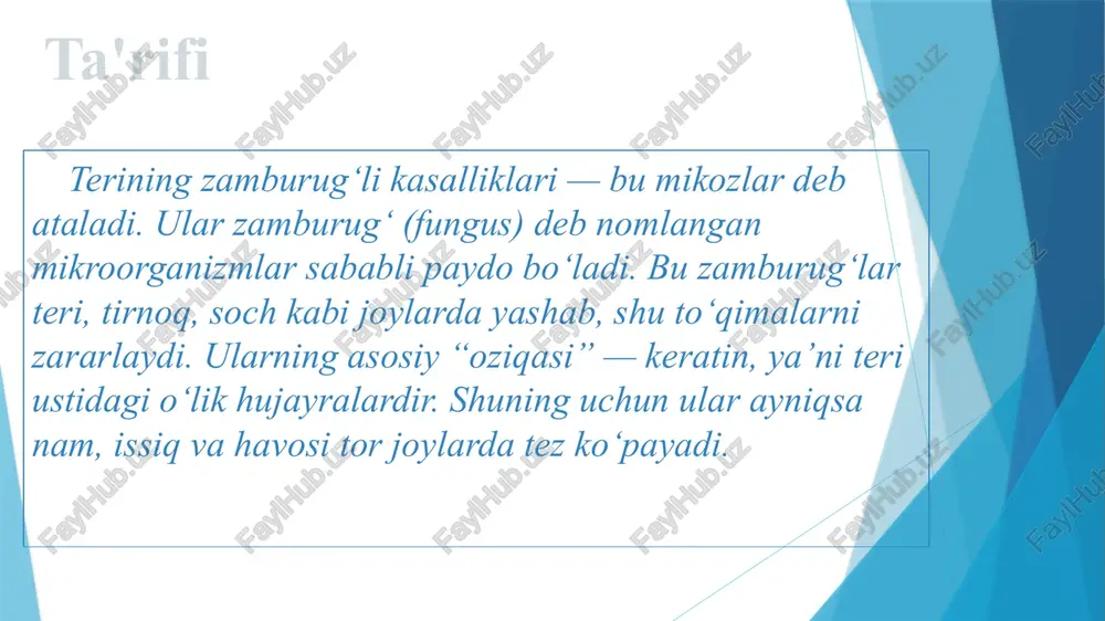 i aniqlashda shifokor avvalo teri belgilariga qaraydi, keyin laborator tahlillar yordamida tasdiqlaydi klinik ko‘rik (shifokor tekshiruvi) shifokor quyidagilarga e’tibor beradi: teri qichishishi, qizil dog‘lar, po‘st tashlash yoki yoriqlar borligi. zararlangan joy dumaloq shaklda bo‘lishi, atrofi tiniq, o‘rtasi oqarib ketgan bo‘lishi (bu zamburug‘ga xos). tirnoq bo‘lsa — sarg‘aygan, qalinlashgan yoki sinuvchan bo‘lishi. bu bosqichda shifokor zamburug‘dan shubhalanadi, lekin aniq tasdiqlash uchun laborator tahlil kerak bo‘ladi. mikroskopik tekshiruv teri, soch yoki tirnoqdan kichik namuna (parcha) olinadi. u maxsus suyuqlikka solinadi va mikroskop ostida qaraladi. agar zamburug‘ ipchalari yoki sporalar ko‘rilsa — demak, tashxis tasdiqlanadi. madaniyat (posiv) usuli olingan namuna maxsus ozuqa muhitiga ekiladi, ya’ni zamburug‘ o‘sishi uchun qulay sharoit yaratiladi. bir necha kun o‘tib, u yerda zamburug‘ koloniyasi o‘sadi va shifokor uning qaysi turi ekanini aniqlaydi. bu usul aniq tashxis qo‘yish uchun eng ishonchli hisoblanadi. wood lamp yordamida tekshirish bu usulda teri ultrabinafsha chiroq (wood lamp) bilan yoritiladi. ba’zi zamburug‘lar shu nurlarda …