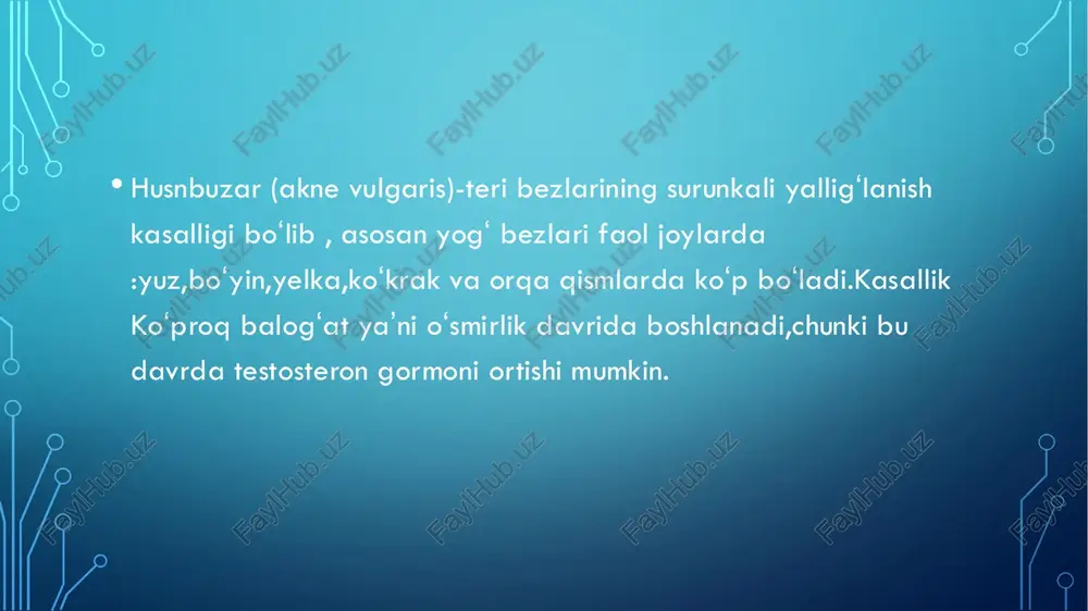 ’ish-ko’kimtir eritema kuzatiladi. bir necha oy va yillar mobaynida davom etib, dog’li yuzada papulyoz, pustulyoz elementlar, teleangiektaziyalar hosil bo’ladi. konyuktiva qizarishi, konyuktivit, blefarit bilan asoratlanish k o ‘p kuzatiladi. yog’ bezlari giperplaziyasi va limfa qaytishi qiyinlashishi sababli burun yallig’lanib, juda kaftalashadi va rinofima paydo bo’ladi • davosi. mahalliy davo:- 0,75-1 % li metronidazol geli, kremi, kuniga 2 marta- oltingugurt saqlovchi preparatlar (2 % ixtiol yoki oltingugurt pastasi, mazi. • s ulfacet-r , kuniga 1 m arta, klinik samaraga erishilgunicha), uzoq muddat;- demyanovich usuli. u m um iy davo: - uzoq vaqt tetratsiklin preparatlarq o ‘l l a n i l a d i (tetratsiklin 0 ,5 -1 ,0 kuniga; doksitsiklin 0,1 g, kuniga, 2-6 oy mobaynida. dermatozoonozlar • dermatozonozlar (yoki dermatozoonozlar) — bu hayvonlardan odamga yuqadigan va terida kasallik chaqiradigan infeksiyalardir. ya’ni, manbai hayvon bo‘lgan, lekin odamlarda asosan teri orqali yoki terida namoyon bo‘ladigan zoonoz kasalliklar. • dermatozoonoz so‘zi yunoncha …