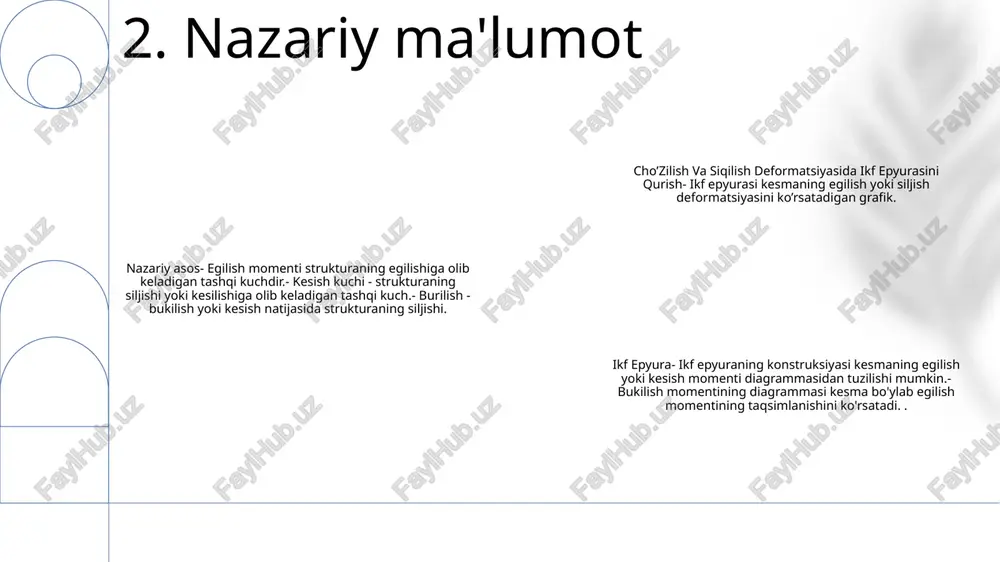 angan strukturaning uzunligi bo'ylab egilish momentlari yoki kuchlanishlarining taqsimlanishini tasavvur qilish uchun epyura quriladi. ushbu grafik tasvir muhandislarga turli yuklash stsenariylari ostida yuk ko'tarish qobiliyatini va strukturaviy xatti-harakatlarini tushunishga yordam beradi. 5. ma'lumotlarni tahlil qilish va talqin qilish ko'ndalang kesimning diametri: kesmaning diametrini ikki turga bo'lish mumkin, ya'ni armatura chizig'ining diametri va samarali armatura kesimining diametri. neytral o'qning chuqurligi: nurga egilish momenti ta'sir qilganda, neytral o'q beton kesmaning markaziy qismidan pastda va armatura po'latdan yasalgan kesmaning markaziy qismidan yuqorida joylashgan bo'ladi. armatura markazining joylashuvi: armaturaning markaziy qismi armatura kesma maydonining og'irlik markazida joylashgan. ham taranglikni mustahkamlash, ham siqishni mustahkamlash uchun armatura markazining joylashishini aniqlash talab qilinadi. 6. ikf diagrammasini qurish 1. bu tezis, "cho'zilish va siqilish deformatsiyasida ikf epyurasini qurish" adlı problemin qrafik usulunu araşdırır. 2. taklif etilayotgan usul kulyonboző momentlari bo'lgan hududlar orasidagi statik muvozanat shartlariga asoslanadi. 3. usul murakkab tuzilmalar va bo'limlarni tahlil qilish uchun oson qo'llaniladigan va …