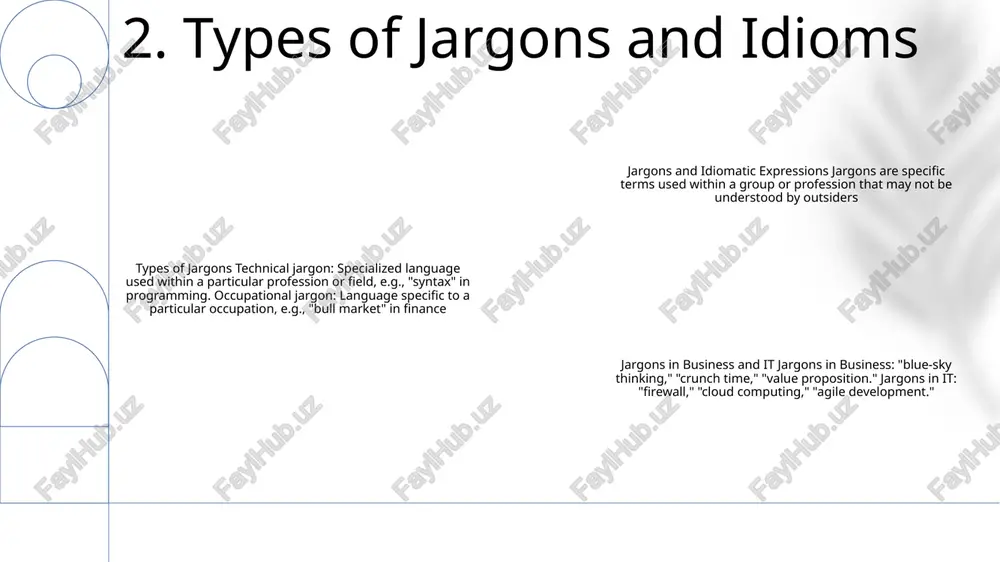 terpreted or lost entirely. 3. professionalism and accessibility:excessive use of jargons and idioms can come across as unprofessional or exclusive. simpler language can enhance accessibility and foster a more inclusive communication environment. 6. impact of jargons and idioms on communication thank you for your attention @taqdimot_robot image1.png /docprops/thumbnail.jpeg