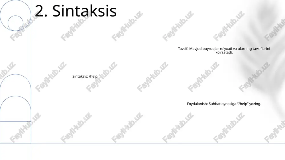 dalanishingiz mumkin. 8. misollar tegishli buyruqlar:- /start: botdan foydalanishni boshlang.- /settings: bot sozlamalarini ko'rish va o'zgartirish. /yordam:- botdan foydalanish haqida batafsil ma'lumot beradi.- buyruqlarning misollari va tushuntirishlarini o'z ichiga oladi. /ma'lumot:- bot versiyasini, aloqa ma'lumotlarini va qo'llab-quvvatlash havolalarini ko'rsatadi. 9. tegishli buyruqlar buyruqlarni sozlash: /help create-dan foydalanib, taxalluslar, argumentlar va tavsiflar bilan maxsus buyruqlar yarating. kontekstli yordam: tegishli kontekstda /help ni chaqirish orqali muayyan buyruqlar yoki mavzular uchun moslashtirilgan yordam oling. keng qamrovli yoʻriqnoma: botning ilgʻor funksiyalaridan foydalanish boʻyicha batafsil yoʻriqnomani taqdim etuvchi /help docs ni terish orqali toʻliq foydalanuvchi qoʻllanmasiga kiring. 10. kengaytirilgan foydalanish atrof-muhit o'zgaruvchilari:- tizim yoki foydalanuvchi tomonidan belgilangan sozlamalar asosida ilovalarning dinamik konfiguratsiyasiga ruxsat berish.- kod yoki buyruq qatori orqali kirish mumkin bo'lgan kalit-qiymat juftliklari to'plamida saqlanadi. /yordam:- operatsion tizimdagi muayyan mavzular boʻyicha yordam maʼlumotlarini koʻrsatish uchun buyruq qatori yordam dasturi.- buyruqlar sintaksisi, foydalanish misollari va qoʻshimcha resurslar haqida umumiy maʼlumot beradi. environment variables, /help combined:- …