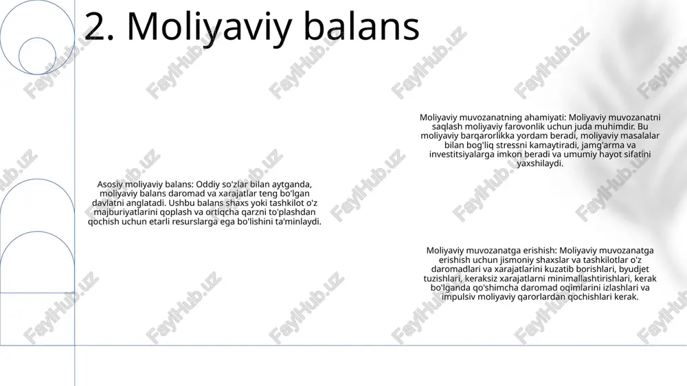 organlar (ichki quloq) va ko'rishning kirishiga tayanadi. propriosepsiya tana harakati va pozitsiyalarini aniqlashda muhim rol o'ynaydi, vestibulyar tizim esa fazoviy orientatsiya va muvozanatni saqlashga yordam beradi 3. jismoniy manfaatlar: jismoniy muvozanatning yaxshilanishi ko'p foyda keltiradi, jumladan, yiqilish xavfini kamaytiradi, ayniqsa keksa odamlarda. shuningdek, u muvofiqlashtirish, chaqqonlik va sport samaradorligini oshiradi. bundan tashqari, u umumiy jismoniy tayyorgarlik va farovonlikni rag'batlantiradi, sog'lom va faol hayot tarziga hissa qo'shadi. 5. jismoniy muvozanat ijtimoiy balans nodavlat notijorat tashkilot bo'lib, kam ta'minlangan jamoalarda moliyaviy savodxonlikni oshirish va imkoniyatlarni kengaytirishga qaratilgan. balans moliyaviy ta'lim bo'yicha bepul seminarlar, yakkama-yakka maslahatlar va jismoniy shaxslar va oilalarga moliyaviy farovonligini yaxshilashga yordam berish uchun onlayn resurslarni taqdim etadi. tashkilotning vazifasi - shaxslarga moliyaviy qarorlar qabul qilish uchun zarur bo'lgan bilim va ko'nikmalarni berish orqali yanada adolatli jamiyat yaratishdir. 6. ijtimoiy muvozanat atrof-muhitni muhofaza qilish: ekologik toza amaliyotlar - balans atrof-muhitga ta'sirni minimallashtirish uchun chiqindilarni mas'uliyatli boshqarish, energiya tejash va barqaror …