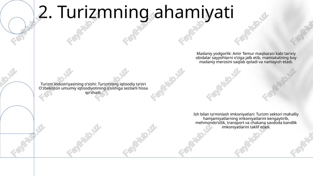 bilan keng diplomatik aloqalar o‘rnatish, madaniy almashinuvni rivojlantirish va o‘zaro tushunishni rivojlantirish bilan ajralib turadi. diplomatik missiyalar: temuriylar saltanatiga turli xalqlardan elchilar va elchilar tashrif buyurib, savdo-sotiq, siyosiy ittifoqlar oʻrnatish, bilim va yangiliklarni tarqatishga yordam berishdi. olimlar almashinuvi: temuriylar saroyi dunyoning turli burchaklaridan olimlar, rassomlar va hunarmandlarni o'ziga jalb etib, intellektual almashinuv va madaniyatlararo hamkorlik muhitini rivojlantirdi. 7. diplomatiya va madaniy almashinuv temur adabiy merosi: temur nafaqat harbiy bosqinchi, balki adabiyot homiysi ham edi. u adabiy yig‘inlar tashkil etib, taniqli shoir va tarixchilarga asarlar topshirdi temurning badiiy merosi: temur hukmronligi davrida uning ulkan saltanatida me’morchilik durdonalari barpo etilgan. samarqanddagi gur-e amir nomi bilan mashhur temur maqbarasi oʻzining murakkab koshinkorligi, moviy gumbazi va monumental kirish portali bilan temuriylar meʼmorchiligining ajoyib namunasidir temurning turizmga ta’siri: amir temur merosi o‘zining sobiq imperiyasiga sayyohlarni jalb qilishda davom etmoqda. o‘zbekistondagi samarqand va buxoro kabi u bilan bog‘liq tarixiy maskanlar mashhur bo‘lgan joylardir 8. adabiy va …