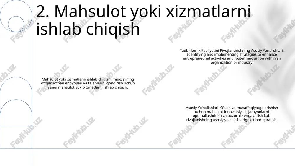 lopment, including market research, financial management, and customer engagement. tadbirkorlik faoliyatini rivojlantirishning asosiy yonalishlari: - establishing a strong brand, leveraging technology, and fostering a positive work environment for sustained growth. 6. biznes-rejani yaratish moliyaviy sotib olish: tadbirkorlik faoliyatini qo'llab-quvvatlash uchun investorlar, grantlar yoki kreditlar kabi tashqi manbalardan moliyaviy resurslarni xarid qilish. tadbirkorlikni rivojlantirish: muvaffaqiyatli tadbirkor bo'lish uchun zarur bo'lgan ko'nikmalar, bilim va munosabatlarni egallash va rivojlantirish jarayoni. tadbirkorlikni rivojlantirishning asosiy yo'nalishlari: tadbirkorlik qobiliyatini rivojlantirishning asosiy yo'nalishlari, jumladan, trening, murabbiylik, biznes-inkubatsiya va moliyalashtirishdan foydalanish. 7. moliyaviy sotib olish jamoani shakllantirish va o'qitish: tuzilgan tadbirlar va seminarlar orqali jamoa dinamikasi, muloqot va muammolarni hal qilish qobiliyatlarini oshirish. tadbirkorlik faoliyatini rivojlantirishning asosiy yonalishlari:- fostering innovation and creativity- developing entrepreneurial skills and knowledge- providing access to resources and networks rivojlanishning asosiy yo'nalishlari:- liderlik va boshqaruv qobiliyatlarini mustahkamlash- moliyaviy savodxonlik va biznesni rejalashtirish ko'nikmalarini oshirish- moliyalashtirish va investitsiyalarga kirishni osonlashtirish 8. jamoa tuzish va trening …