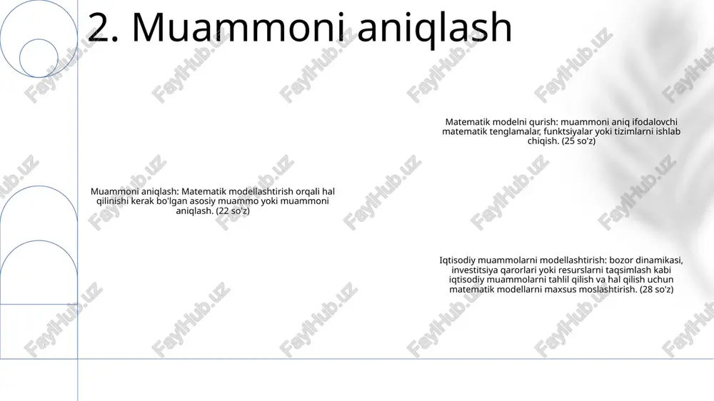 li, optimallashtirish algoritmlari va prognozlash usullarini o'z ichiga oladi. modelni joylashtirish va ta'sirni baholash: ishlab chiqilgan modellarni tashkilot faoliyatiga tatbiq etish, ularning samaradorligini kuzatish va doimiy takomillashtirish va optimallashtirishni ta'minlash uchun asosiy biznes ko'rsatkichlariga ta'sirini baholash. 7. model ilovasi matematik modellashtirish iqtisodiy muammolarning murakkab tabiatini hal qilish va yechimlarni yaratish uchun kuchli vositadir. iqtisodiy matematikaning modellari; u turli maqsadlarda, masalan, prognozlash, optimallashtirish va simulyatsiya qilish uchun ishlatilishi mumkin va iqtisodiy siyosatni ishlab chiqishni yaxshilashga yordam beradi. modellashtirishning kuchi va cheklovlarini tushunish iqtisodiy qarorlar qabul qilish samaradorligini oshirish uchun zarurdir. 8. xulosa e'tiboringiz uchun rahmat @taqdimot_robot image1.png /docprops/thumbnail.jpeg