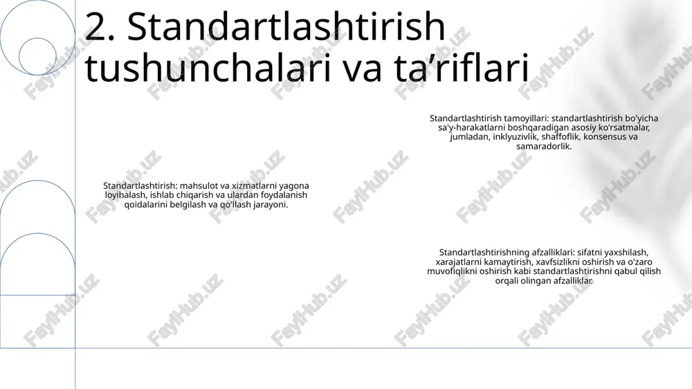 andartlashtirish mahsulot, xizmatlar yoki jarayonlar uchun umumiy qoidalar, ko'rsatmalar yoki xususiyatlarni belgilaydigan texnik spetsifikatsiyalar yoki standartlarni ishlab chiqish va joriy etish jarayonini anglatadi. u barqarorlik, xavfsizlik, ishonchlilik va sifatni ta'minlashga qaratilgan. standartlashtirishning ahamiyati: standartlashtirish turli sohalarda, jumladan ishlab chiqarish, sog'liqni saqlash, telekommunikatsiya va qurilishda hal qiluvchi rol o'ynaydi standartlashtirishning afzalliklari: standartlashtirishning afzalliklari sifatni yaxshilash, muvofiqlikni oshirish, narxni pasaytirish, xavfsizlikni oshirish, samaradorlikni oshirish va savdoni osonlashtirishni o'z ichiga oladi. u korxonalar uchun teng sharoit yaratish orqali innovatsiyalarni rag‘batlantiradi va sohalarda hamkorlikni rag‘batlantiradi. 6. standartlashtirishning texnik va me'yoriy jihatlari sifat terminologiyasi: “sifat”, “sifat nazorati” va “sifat kafolati” kabi sifat menejmentida ishlatiladigan asosiy tushunchalar va atamalarni belgilaydi. sifat tizimi: sifat menejmenti tizimining tuzilishi va talablarini, jumladan, hujjatlar, jarayonlar va mas'uliyat kabi elementlarni tushuntiradi. sifat kafolati: ishlab chiqarish yoki ishlab chiqish jarayonida mahsulot yoki xizmatlar sifatini ta'minlash uchun qo'llaniladigan tamoyillar va usullarning umumiy ko'rinishini taqdim etadi. 7. standartlashtirishda sifat menejmenti standartlashtirish va raqamli transformatsiya: …