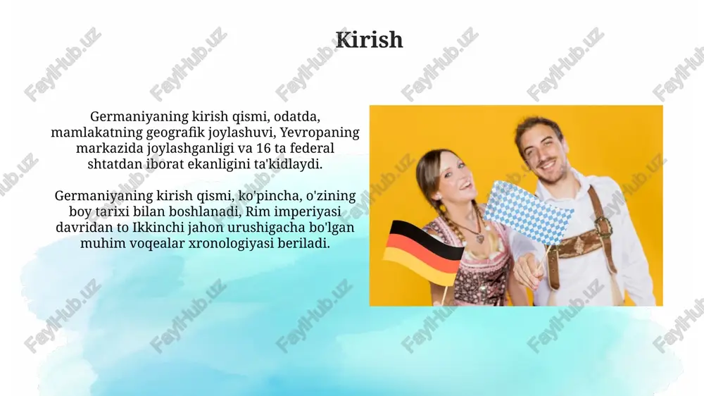 yuragi bo'lib, u yerda oila a'zolari kuniga kamida ikki marta ovqatlanish uchun yig'iladi. nemis oshxonasida kartoshka, karam va turli xil go'sht mahsulotlari asosiy mahsulotlar hisoblanadi; masalan, kolbasa turi "wurst" ning 1500 dan ortiq varianti mavjud bo'lib, ular mintaqaga qarab tayyorlanadi. san'at va adabiyot nemis adabiyotida romantizm davri 18-asr oxiri va 19-asr boshlarida gullab-yashnagan bo'lib, tabiatga muhabbat, shaxsiy his-tuyg'ular va milliy o'zlikka urg'u bergan. ushbu davr goethe va schiller kabi yirik adiblarni yetishtirgan. bauhaus harakati, 1919-yilda tashkil etilgan, san'at, hunarmandchilik va arxitekturani birlashtirib, funksionallik va soddalikni ta'kidlagan. uning ta'siri dizayn tamoyillariga katta ta'sir ko'rsatdi. musiqa germaniyada klassik musiqaning boy merosi bor, iogann sebastyan bax va lyudvig van betxoven kabi gigantlar barokko va klassik davrlarda musiqiy shakllarni rivojlantirganlar. 1920-yillarda germaniya elektron musiqaning rivojlanishida, ayniqsa, zamonaviy musiqa qadriyatlarini belgilab bergan kraftverk guruhi bilan muhim rol o'ynadi. bayramlar va an'analar oktoberfest har yili sentyabr oxirida va oktyabr boshida o'tkaziladi, u 16-18 kun davom etadi …