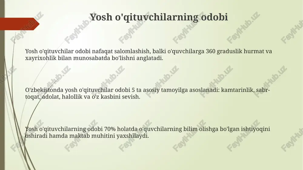 a javoblar pedagogik takt talabalar bilan munosabatda hurmat, empatiya va xushmuomalalikni o'z ichiga oladi, ayniqsa 9-11 sinf o'quvchilariga nisbatan. taktli savollar o'quvchilarning 5-7 yoshdagi bilish qobiliyatini hisobga olib, ularning javob berish qobiliyatiga moslashtirilgan bo'lishi kerak. taktli javoblar muammoli vaziyatlarda, masalan, o'quvchi 1-2 ball past baho olganda, o'qituvchining vaziyatni yumshatish qobiliyatini ko'rsatadi. odob va o'quv jarayoni samaradorligi o'quv jarayonida odob me'yorlariga rioya qilish, o'quvchilarning diqqatini jamlash va 75% ko'proq materialni tushunishga yordam beradi, bu esa natijalarni yaxshilaydi. o'qituvchining odobi, masalan, har bir o'quvchiga 5 daqiqadan shaxsiy e'tibor berish, o'quvchilarning ishonchini 30% ga oshiradi va darsga qiziqishni orttiradi. pedagogik takt, xususan, baholashda xolis bo'lish va har bir o'quvchining individual xususiyatlarini hisobga olish, muvaffaqiyat darajasini 40% gacha ko'taradi. nafosat orqali motivatsiya nafosat orqali motivatsiya, o'quvchilarda 100% estetik didni rivojlantiradi, 2-sinfda tasviriy san'at darslarida go'zallikni his qilish orqali o'rganishga undaydi. nafosat orqali motivatsiya, dars jarayonida 75% ijobiy muhit yaratadi, 4-sinf adabiyot darslarida she'rlar orqali …