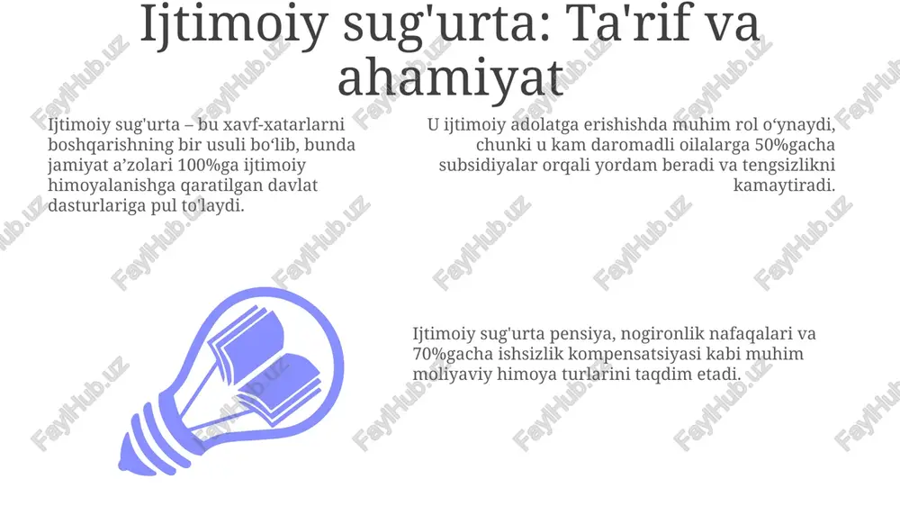 ida talabni oshirib, iqtisodiy barqarorlikni ta'minlaydi. ijtimoiy sug'urtaning kamchiliklari ijtimoiy sug'urta tizimidagi kamchiliklar xodimlar uchun soliq yukini oshirishi mumkin, bu esa 10% yoki undan ko'proq ish haqi soliqqa tortilishiga olib keladi. ba'zi tahlilchilarning fikricha, ijtimoiy sug'urta pensiya yoshidagi odamlarning 15% dan ortig'ini qamrab olmasligi, adolatli taqsimotga putur yetkazishi mumkin. ijtimoiy sug'urta dasturlari byurokratik xarajatlarga duch kelishi mumkin, bu esa umumiy mablag'ning 5% gacha samarasiz sarflanishiga olib keladi. qayta taqsimlashning kamchiliklari qayta taqsimlash siyosati samaradorlikni pasaytirishi mumkin, chunki 15% dan ortiq resurslar noto'g'ri taqsimlanadi, bu esa 10% ga yaqin ishlab chiqarish pasayishiga olib keladi. yuqori soliq stavkalari investitsiyalarni susaytirishi mumkin, chunki daromadning katta qismi qayta taqsimlanadi, bu esa 20% dan ortiq investitsiya kamayishiga olib kelishi mumkin. ijtimoiy nafaqalar mehnatga bo'lgan rag'batni kamaytirishi mumkin, chunki ayrim odamlar davlatdan 30% gacha daromad oladi, bu 25% ishga joylashish darajasining kamayishiga olib keladi. ijtimoiy sug'urta va adolat ijtimoiy sug'urta tizimi, jumladan, pensiya ta'minoti 60 yoshdan …