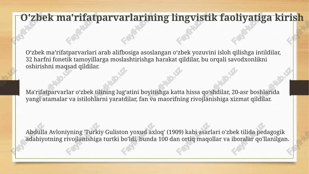 tartibga solish va milliy matbuotni rivojlantirish zarurligini taʼkidladi. munavvarqori abdurashidxonovning lingvistik faoliyati munavvarqori fonetika sohasida o‘zbek tilidagi so‘zlarning talaffuzini aniqlashtirishga katta e’tibor qaratgan, 1907-yilda darslik yaratgan. uning leksikografiya sohasidagi ishlari o‘zbek tilining boy lug‘atini yig‘ish va uni o‘quv maqsadlarida qo‘llashga qaratilgan edi, bunda 2000 dan ortiq so‘z mavjud. munavvarqori yangi usul maktablari uchun darsliklar yaratishda tilni soddalashtirish va o‘quvchilar uchun tushunarli qilishga intilgan, 10 ta yangi darslik yaratgan. fitratning tilshunoslikka oid asarlari va g'oyalari fitratning tilshunoslik qarashlari panturkizm g'oyalari bilan chambarchas bog'liq edi; u 5 turkiy tilni birlashtirib, umumiy turkiy adabiy til yaratishni maqsad qilgan. fitratning 'adabiyot qoidalari' asari 1920-yillarda yaratilgan bo'lib, unda o'zbek tilining grammatik tuzilishi va adabiy til me'yorlari haqida 3 asosiy bobda ma'lumot berilgan. fitrat arab tilidan o'zlashgan 1000 dan ortiq so'zlarni o'zbek tilidan chiqarib tashlashni taklif qilgan, o'rniga esa turkiy ildizli so'zlarni qo'llash kerak deb hisoblagan. cho'lponning til va adabiyotga munosabati choʻlpon oʻzbek tilini millatning asosi …