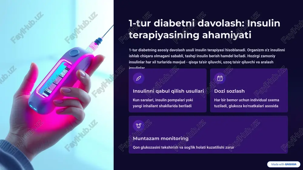 asab kasalliklari oyoqlarning ahamzoda hisslari va achchiklar, bu diabet neuropatiya nomlanadi ko'z muammolari retinopati, katarakt va boshqa ko'zning kasalliklar buyrak masalolari diabet nefropati buyrakni yo'q qiladi, dializ kerak bo'lishi mumkin yurakka zarar infarkt va insult xavfi ortadi, qolpaqchaning bosimi muhim 7 monitoring va o'z-o'zini boshqarish: glukoza darajasini nazorat qilish qandli diabetni boshqarish uchun muntazam glukoza monitoring - asosiy qadam. hozirgi zamoniy glukoza metrlar va ushbu qon aniqlashning (cgm) qurilmalari bemorga o'z kasalligini qo'llab-quvvatlash imkonini beradi. kundalik monitoring raqamlari davolovchi shifokorga terapiyani taxlash va sozlash imkonini beradi. glukoza o'lchash kun saralari qonda glukoza tekshirish ma'lumot qayd etish raqamlari va yemak vaqtini qayd qilish shifokor bilan aloqa natijalarni tahlil qilish va tuzatish maqsadlarni sozlash optimal glukoza darajasini belgilash 8 yangi davolash usullari va kelajakdagi istiqbollar qandli diabetni davolash sohasi tez rivojlanmoqda. yangi dorilar, sglt2 inhibitorlari va glp-1 agonistlari bemorga ko'proq foyda beradi. tadqiqotlar ko'rsatadiki, kun ertasi insulinni doimiy tarzda beruvchi qurilmalar va …