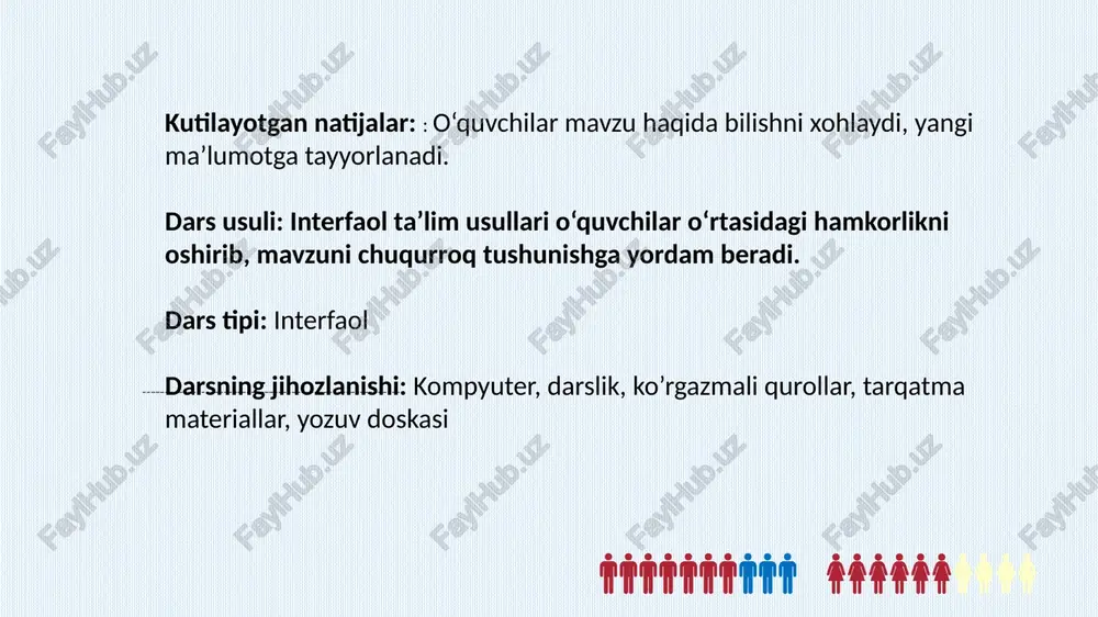 berilgan. bu yondashuvlar informatika darslarini interaktiv va natijaga yo‘naltirilgan tarzda olib borish imkonini beradi. iii. yangi mavzu bayoni “kutuvlar daraxti” metodi 1.daraxt rasmi kerak bo‘ladi, xohlasangiz doskaga chizib qo‘yiladi. 2.o‘quvchilarga stikerlar berib chiqasiz. sinfda o‘quvchilar soni juda ko‘p bo‘lsa, ma’lum bir o‘quvchilarga tarqatib chiqiladi. 3.doskaga mavzuni yozib, bo‘lganingizdan so‘ng o‘quvchilardan bugungi bugungi darsdan nima kutishayotganini so‘raladi. 4. ular qo‘llaridagi stikerchalarga darsdan nima kutishayotganini so‘z brikmasi yoki gap tarzida yozib chiqishadi. iii. yangi mavzu bayoni iii. yangi mavzu bayoni iii. yangi mavzu bayoni uyga vazifa berish darslikdagi uyga vazifa uchun ajratilgan topshiriqlarni, hamda ularga qo’shimcha vazifa sifatida tarmoq uchun kerak bo`ladigan jixozlarni o’rganib keladi. e’tiboringiz uchun raxmat! image1.jpeg image2.jpeg image5.png image6.png image7.png image8.png image9.png image10.png image11.png image4.jpeg /docprops/thumbnail.jpeg