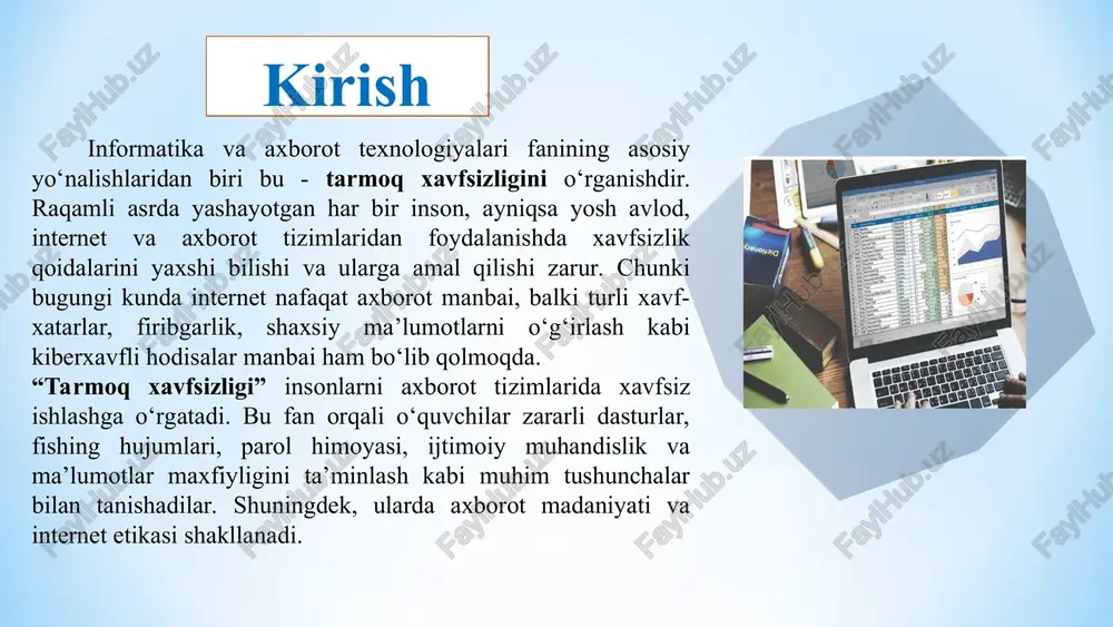 l vaqt rejimida savol-javob va so‘rovnomalar. google forms / microsoft forms - avtomatik baholash tizimli testlar. learningapps, wordwall - o‘yinli mashqlar (moslashtirish, krossvord, testlar). padlet, jamboard - guruhli ishlashda interaktiv doska. darsning maqsadlari: 3. “tarmoq xavfsizligi.” darsning rivojlantiruvchi maqsadi: darsning ta‘limiy maqsadi: darsning tarbiyaviy maqsadi: kasbga yo‘naltiruvchi maqsadi: darsdan ko‘zlangan maqsad: darsning texnologik xaritasi: dars bosqichlari bajariladigan ishlar bajariladigan ishlar shakli ajratilgan vaqt tashkiliy qism o‘quvchilarni darsga tayyorlash. davomatni aniqlash suhbat 5 daqiqa o‘tgan mavzuni takrorlash uy vazifasini tekshirishda qiziqarli boshqotirma o‘yinlari ko‘rgazmalilik 10 daqiqa yangi mavzu bayoni yangi mavzuni tushuntirish, misol va masalalar yechish taqdimot 15 daqiqa o‘tilgan mavzuni mustahkamlash ms excel dasturida elektron jadval yaratish, qatorlar va ustunlarni boshqarish amaliy mashg‘ulot 10 daqiqa baholash va uyga vazifa uyga vazifa berish blum bo’yicha topshiriq, educaplay.comda o’yinli test topshirig’i 5 daqiqa tashkiliy qism salomlashish: darsning borishi: davomatni aniqlash: topshiriqni bajarish jarayonida yangi mavzuda o‘tilgan, biz egallashimiz zarur bo‘lgan bilim va …