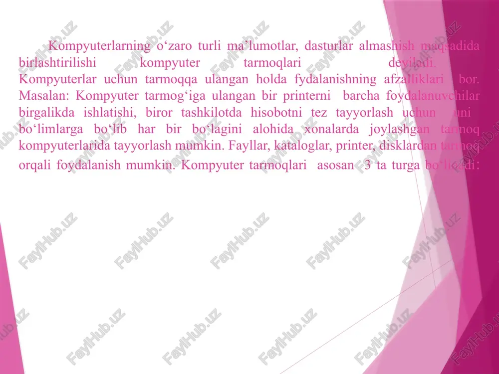 r deb yuritiladi. foydalanuvchilar taqdim etadigan tarmoq resurslari manbai serverlar deb yuritiladi. serverlar-tarmoq bo‘ylab axborotni tez uzatish uchun, axborotni dasturiy ta’minot yordamida turli vazifalarni bajaruvchi kompyuterlardir. bu uzellar aloqa tarmog’ining ishlash samaradorligini ta’minlaydi. ko‘rib chiqilgan tarmoq uzelli hisoblanadi va global tarmoqda qo‘llaniladi. internet - global kompyuter tarmog’ining paydo bo‘lish tarixi 1957 yil arpa (advanced research projects agency) tashkiloti to‘zildi. 60-yillar oxirida darpa (defense advanced research project agency) arpanet tajriba tarmog’ini tashkil etish haqida qaror qabul qildi. ilk bor tarmoq 1972 yilda namoyish etildi. u 40 ta kompyuterdan iborat bo‘lib, asosiy to‘zilish printsipi tarmoqdagi barcha kompyuterlarning teng huquqli bo‘lishi edi. 1975 yil arpanet tajriba tarmog’i maqomini harakatdagi (amaliy) tarmoq maqomiga o‘zgartirdi. 80-yillar boshida tarmoqda mashinalarning o‘zaro ta’sir protokollari standartlashtirildi. boshlang’ich variant tcp/ip (transfer control protocol/internet protocol). bbn kompaniyasi bilan shartnoma to‘zildi, bu esa tcp/ip ni unix ot safiga kiritdi. 1983 yilda-internet tashkil etildi. arpanet 2 ta qismga bo‘lindi: milnet va arpanet, …