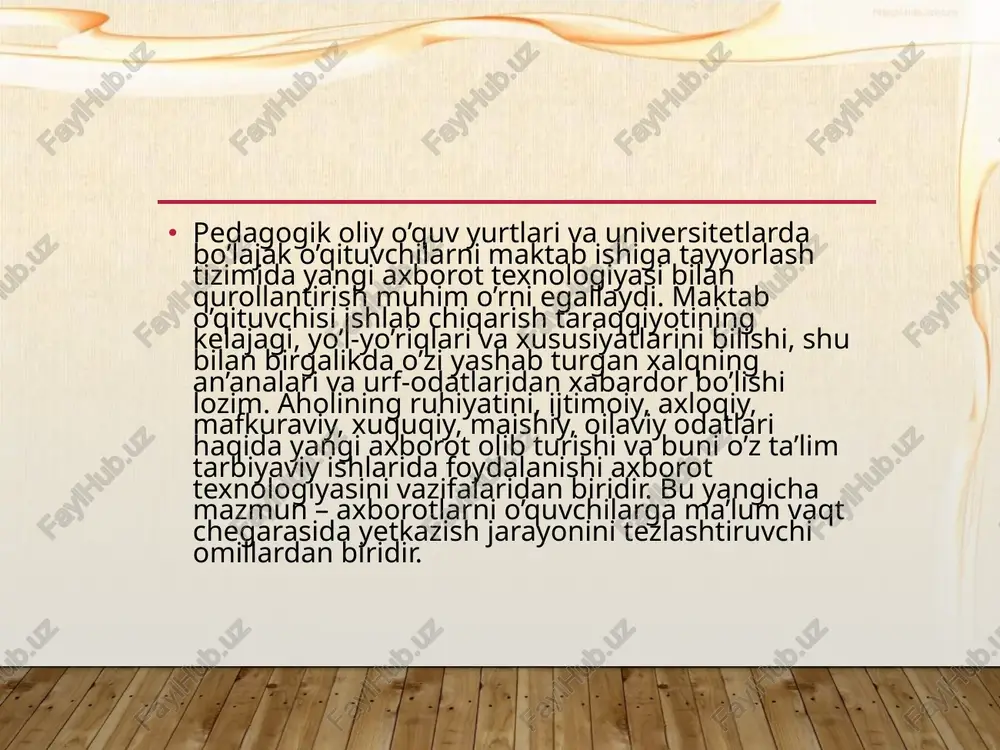 isni uning kompyuter savodxonligisiz tasavvur etib bo’lmaydi, chunki zamonaviy ishlab chiqarish va uni boshqa jarayonlarni yaat dan u yoki bu darajada foydalanishni taqozo etadi. yangi axborot texnologiyalari universal matn protsessorlari, elektron jadvallar, ma’lumotlar jumlasi, grafik muharrir, multi model va telekommunikatsion texnologiyalar. bu axborot texnologiyalarini universal tipdagi yangi axborot texnologiyalari deyiladi. maxsus ma’lum bir tor yo’nalishdagi kasbiy faoliyatda ishlatiluvchi maxsus yangi axborot texnologiyalaridir. bularga ro’znomani chop etish, buxgalterlik hisobini amalga oshirish, kompyuterli animatsiya va loyihalar tayyorlash kabi kompyuterli texnologiyalar ana shunday maxsus yaat larning hozirda unchalik rivojlanmagan, lekin kelajagi porloq bir qismi o’qitishning yangi axborot texnologiyalari (uyaat) ni tashkil qiladi. yuqoridagi ta’rifga ko’ra uyaat har qanday ta’lim texnologiyasining asosiy qismi bo’lish bilan axborot berish va uni qabul qilish jarayonlarning kompyuterlashtirish jarayonida vujudga keladi. uyaat ning universal tipdagi farqi shundaki, ommaviy yaat o’quvchilar tomonidan qandaydir bir ijobiy ishni (devoriy gazetani bezash, prasm chizish, musiqa yaratish va hokazo) amalga oshirish uchun ishlatiladi. uyaat …