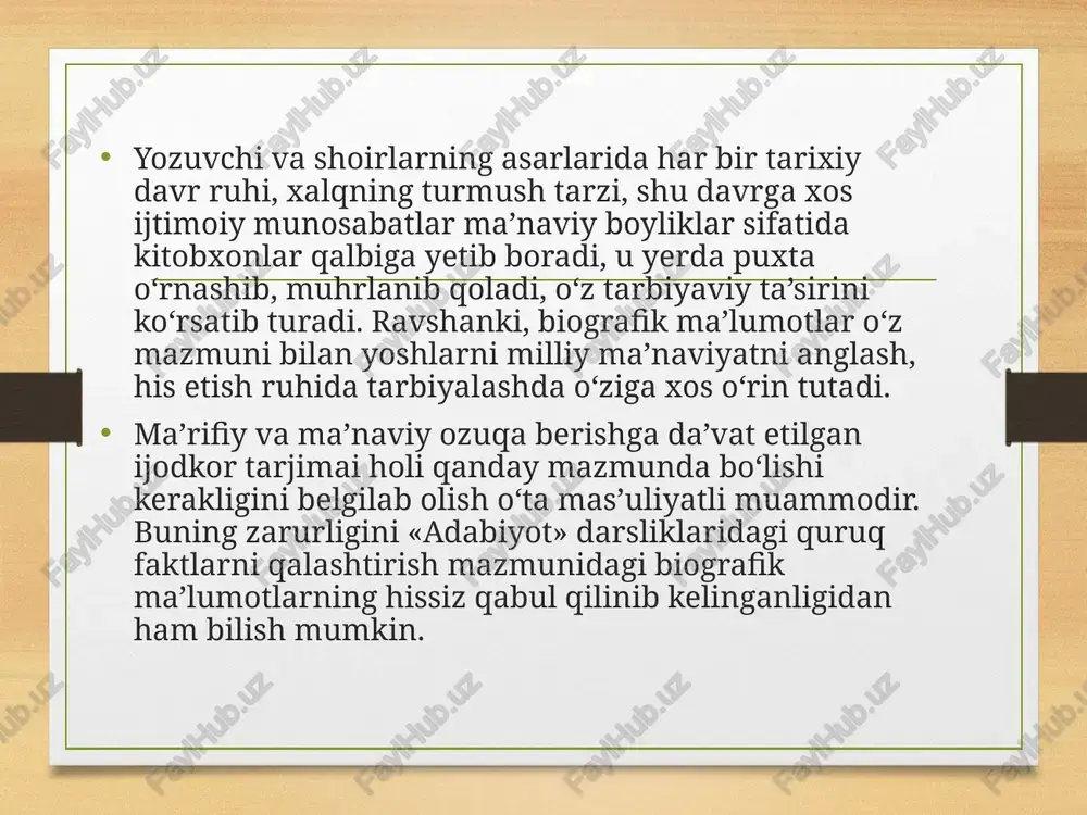yo‘llanmasi bilan mukofotlashdi. lekin ma’lum joylar «otasi boy bo‘lgan» deb, mukofotni bekor qili-shibdi. shunda daminov degan jo‘g‘rofiya o‘qituvchimiz: «axir, otasi hozir kolxozchi-ku!» – deb kuyunib yurgani, lekin uning so‘zi o‘tmagani, meni sayohatdan mahrum qilishgani hech esimdan chiqmaydi» r. usmonovning fikricha, tarjimai holda san’atkorning ijodiy takomiliga ta’sir etgan voqea va hodisalar bayoni ham aks etishi kerak. masalan: «to‘rt yil davomida istambul dorilfununida tahsil olgan fitrat taqdirida turkiya hayoti muhim ahamiyatga ega bo‘ldi. bu yillar fitratning siyosiy va davlatchilik qarashlarida, dunyoqarashi, san’atkorlik mahorati shakllanishida yo‘naltiruvchi ahamiyat kasb etdi»126. q. yo‘ldoshev 7-sinf uchun yozilgan «adabiyot» darslik-majmuasiga yozgan metodik qo‘llanmasida127 adiblarning tarjimai hollarini yoritishda shu vaqtgacha qaror topgan qoliplarga rioya etmay, bolalarning tafakkuriga, hissiyotiga ta’sir qiladigan, ularni loqaydlikdan chiqaradigan ma’lumotlarni berish kerakligini eslatadi. r. usmonov, ye. d. pristupa, v. g. maransman va boshqa bir qatori metodist-olimlar o‘quvchi tarjimai hol orqali so‘z ustasining bosib o‘tgan hayot yo‘lini o‘rganish barobarida uning badiiy mahorati, bu mahoratning o‘ziga …