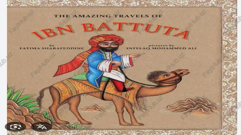yollari va xalqaro aloqalari haqida eng muhim manbalardan biri hisoblanadi. ibn battutaning bu yozganlari bugungi kunda tarixchilar va geograflar tomonidan qadimgi o’rta osiyoni o’rganishda asosiy manba sifatida qo’llaniladi. muallif butun hayoti davomida sayohat qilib xar xil xalqlarni turmush tarzi, dini, urf odatlarini organadi. uning eng kop sayohati islomiy davlatlarga boladi image2.png image3.jpg image4.jpg image5.jpg image6.jpg image1.jpg /docprops/thumbnail.jpeg