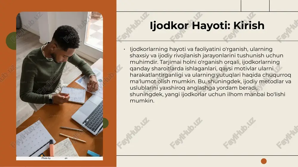 lan, adiblarning yozgan asarlari orqali xalqning muhim muammolari, tarixiy voqealar va ijtimoiy farqlar yoritiladi. bu asarlar nafaqat estetik, balki ijtimoiy o'zgarishlar uchun vosita bo'lib xizmat qiladi. o'zbek adabiyotiga qo'shgan hissasi bilan adiblar jamiyatda fikr va qadriyatlarni shakllantirishda muhim rol o'ynaydi. ularning asarlari yosh avlodlar uchun ma'naviy qadriyatlarni o'rgatadi, ijtimoiy ongni kengaytiradi. bu esa, jamiyatdagi ijobiy o'zgarishlarga turtki bo'ladi. adib tarjimai holida o'ziga xosliklar adibning o'ziga xos uslubi har bir adibning yozuv uslubi va ifoda shakli uning shaxsiy tafovutini tashkil etadi. masalan, abdulla qodiriy soddalik va aniq ifoda usuli bilan tanilgan, bu uning asarlarida tushunarli ifodani ta'minlaydi. tarjimai holidagi noyob elementlar adiblarning tarjimai holida ularning ijodiy yondashuvi va fikrlash tarzini ko'rsatuvchi elementlar bo'lishi mumkin. yozuvchining muhim voqealar va insoniy tajribalar bilan bog'liq hikoyalari. adibning ijodiy yondashuvi har bir adib o'z ijodida o'ziga xos metodlardan foydalanadi. masalan, metafora, simvolizm yoki yangi yozuv texnikalarini qo'llash. bu yondashuvlar uning asarlarini ajratib turadi. adib tarjimai …