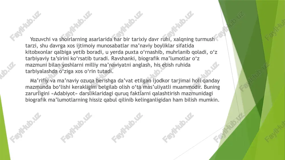 izningcha, e’tiqod va izlanishlar haqidagi gaplarni san’atkorning yoshlik yillari va o‘sib ulg‘ayishi bitiladigan qismda emas, uning ijod yo‘li yoritiladigan joyda berilgani ma’qul. «adabiyot» darsliklarini kuzatish shuni ko‘rsatdiki, adibning bolaligi, o‘sib ulg‘ayish davri juda qisqa yoritiladi va bundan uning shaxsi, ichki olami, ruhiyati va ideallarini bilib olish qiyin. adibning bolaligida yoki o‘quvchiligi paytida taqdirining belgilanishiga sabab bo‘lgan hodisalar bayoni o‘quvchi shaxsining shakllanishiga u yoki bu darajada o‘z ta’sirini ko‘rsatishi mumkin. adibning bosib o‘tgan yo‘li, ijodiy faoliyati biografik ma’lumotda o‘ziga xos o‘rin tutib, uning shaxsi, ichki dunyosi, ruhiy olami, qarashlari, ma’naviy e’tiqodi qay tarzda shakllanganidan tortib badiiy mahoratini egallashigacha bo‘lgan hayot yo‘li o‘z aksini topadi. o‘quvchi so‘z ustasining kimligini, orzu-o‘ylarini, intilishlarini tarjimai holning shu qismidan ko‘proq bilib oladi. demak, bu yerda beriladigan ma’lumotlarning yoshlar uchun ma’rifiy ahamiyati katta. tarjimayi holning shu qismi orqali tarixiy davr bilan tanishish ham yuz beradi. r. usmonovning fikricha, tarjimai holda san’atkorning ijodiy takomiliga ta’sir etgan voqea va …
