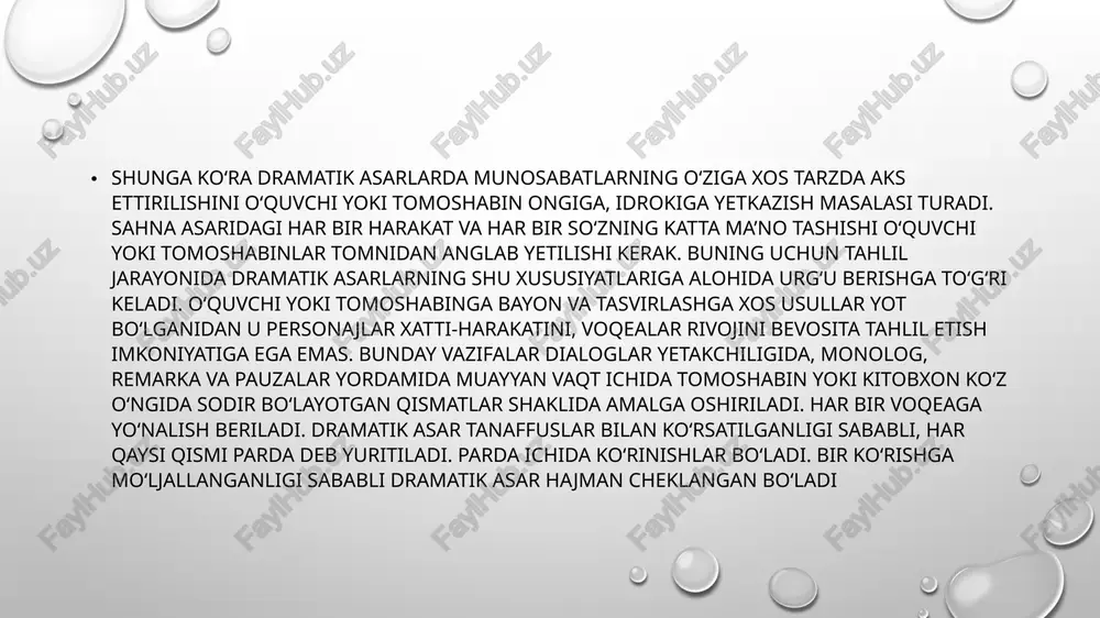 kov badiiy adabiyotning murakkab turlaridan bo‘lgan dramaturgiyada ijod qiladi. tikansiz tipratikanlar», «eski shahar gavroshlari», «eshik qoqqan kim bo‘ldi?», «temir xotin», «tushov uzgan tulporlar», «charog‘bonlar» kabi dramalari chop etilgan va sahnalashtirilgan. dramaturgning «temir xotin» komediyasi hozirgi kungacha tomoshabinlar olqishiga sazovor bo‘lib kelmoqda. sh. boshbekov o‘z ijodidagi xususiyatlar haqida gapirib: «mening eng yaxshi ko‘rgan qurolim – yumor. asar qanday janrda yozilmasin, voqealar qanchalik jiddiy, qahramonlarimning taqdiri qay darajada fojiali bo‘lmasin, yumor, hazil-mutoyiba, askiya unsurlari, so‘z o‘yinlaridan unumliroq foydalanishga harakat qilaman, bu, birinchidan, asarni o‘qishli qiladi, tomoshaviyligini oshiradi, ikkinchidan, boshqa nuqsonlarni «yopib» ketadi. masalan, «temir xotin» asarimda aytiladigan «gap» jiddiy, lekin vaziyat, qahramonlarning so‘zi kulgili yoki aksincha bo‘lishi mumkin», – deb yozadi. ta’lim amaliyotida dramatik asarlarni o‘rganishda avval ularning matni bilan tanishish amalga oshiriladi, albatta. agar imkoni bo‘lsa sahnada ko‘rish, yoki tasmaga yozilgan varianti bilan tanishish juda samarali ish turi hisoblanadi. chunki sahna asarini sahnada ko‘rish kutilgan natijaning maksimal samarasini ta’minlaydi. avvalo, sharof …
