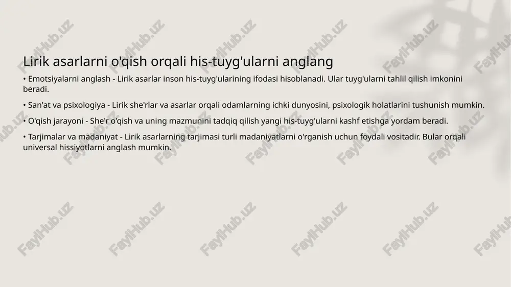 arni boshqarishga yordam beradi. • yozish uslubi - yozishda aniq va tushunarli uslubdan foydalanish muhimdir. yozmoqchi bo'lgan his-tuyg'u va fikrlarni to'g'ri ifodalash kerak. shairlarning hissiy tajribalarini tahlil qiling • hissiy tajribalar - shoirlar o'z hissiyotlarini ijodlarida aks ettiradilar. ular xursandchilik, qayg'u va umid kabi hislarni chuqur kuzatadilar. • ijodiy jarayon - hissiyotlarni ko'rsatish uchun so'zlarni tanlash ularning ijodiy jarayonida muhim ahamiyat kasb etadi. bu erda ma'no chuqurligi muhim. • didaktik ahamiyat - hissiy tajribalarni tahlil qilish o'quvchilarga shoirlarning ruhiy holatini tushunishga yordam beradi. bu ijtimoiy va shaxsiy rivojlanish uchun zarur. • misollar - nazar hozirgi zamon shoirlari, masalan, abdulla oripov va erkin vohidov, o'z asarlarida turli hissiyotlarni ko'rsatadilar. ular zamon ruhini aks ettiradilar. lirik asarlarda til va uslubni o'rganing • tilning ahamiyati - lirik asarlarda til ijodkorning his-tuyg'ularini ifodalashda muhim rol o'ynaydi. tilni to'g'ri tanlash asar mazmunini ochib berishga yordam beradi. • uslub va usullar - uslub lirik asarlarning o'ziga …