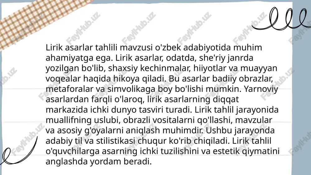 asidir. zamonaviy oʻzbek adabiyotida ham madaniy va milliy qadriyatlarni ifodalovchi yangi ramzlar yaratilmoqda. ramzlar orqali shoirlar oʻz fikr va his-tuyg‘ularini chuqurroq va taʼsirchanroq ifodalashga erishadilar. oʻzbek poeziyasidagi ramzlar orqali milliy ong va identitetni yanada boyitishga xizmat qiladi. ... t.me/slaydai_bot muhammad yusuf (1954-2001) oʻzbek adabiyotidagi nufuzli shoirlardan biri hisoblanadi. 7 yoshida oʻzbek tilida ilk bor she’r yozishga kirishgan. uning ijodiy faoliyati davomida 7 ta she’riy toʻplam nashr etilgan. muhammad yusufning “ko'klam” va “ufq” kabi mashhur she’rlari oʻzbek adabiyotida alohida oʻringa ega. 1996 yilda “oʻzbekiston xalq shoiri” unvoni bilan taqdirlangan. uning asarlari oʻzbek tilining boyligini va goʻzalligini namoyon etadi. shoirning ijodi zamonaviy oʻzbek tiliga katta taʼsir koʻrsatgan va koʻplab oʻquvchilar tomonidan sevib oʻqiladi. muhammad yusuf oʻzbek tili va adabiyotining rivojiga sezilarli hia qoʻshgan. ... t.me/slaydai_bot she'riyatda ritm va metrika she'rning tuzilishi va ohangini belgilaydi. ritm nafosat va turtki yaratadi, ohang va urg'ularni bir me'yorda takrorlanishi bilan aniqlanadi. metrika esa she'rning vaznini belgilovchi …
