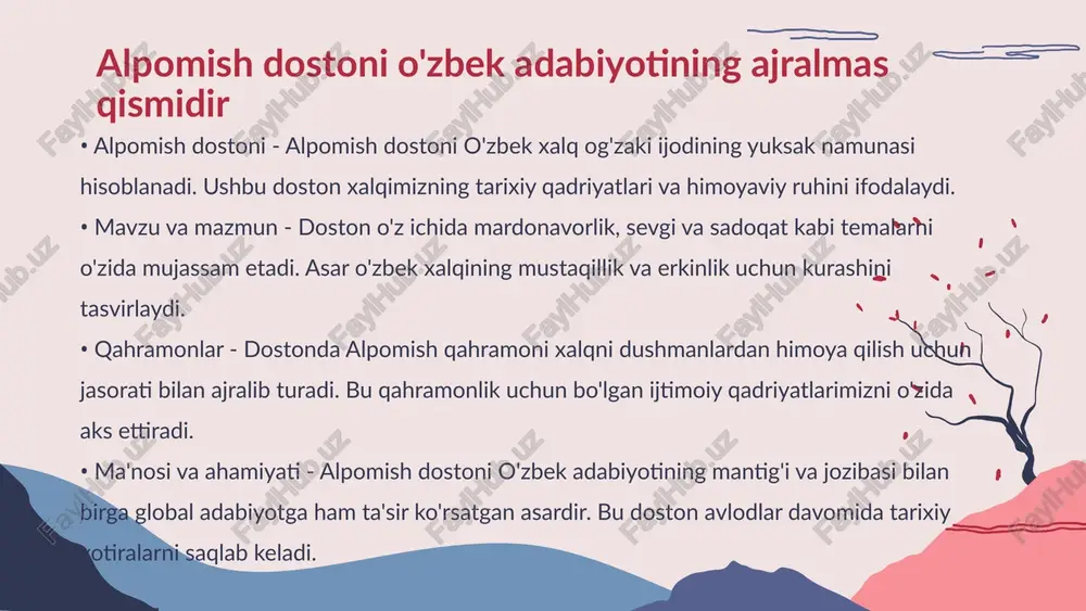i roli - alpomish doimo xalqining manfaatini himoya qiladi. u o‘z qabilasini xarobalardan qutqarish uchun kurashadi. bu holat xalqqa g‘urur va umid bag‘ishlaydi. • rivojlanishi - alpomishning rivojlanishi uning ko‘plab qiyinchiliklarga duch kelishida ko‘rinadi. har bir sinov uning xarakterini yanada mustahkamlaydi va qahramonligini kuchaytiradi. • xulosa - alpomish xarakteri va rivojlanishi insoniyatga saboqlarni keltiradi. ularning dastlabki qiyinchiliklardan o‘tishi bizga kuch va qat'iyat timsolidir. alpomish qahramonining xarakteri va rivojlanishi muhimdir • o'zaro munosabatlar - doston davomida qahramonlar o'rtasida o'zaro munosabatlar ko'rsatilib, do'stlik, sadoqat ahamiyati yoritiladi. • konfliktlar - doston ichida kelishmovchilik va konflikty ko'rinadi, bu vaziyatlar qahramonlarning o'sishini ta'minlaydi. doston davomida o'zaro munosabatlar va konfliktlar ko'rinadi • ramzlarning ahamiyati - alpomish dostonidagi ramzlar kuch, jasorat va qahramonlikni ifodalaydi. ushbu ramzlar orqali insoniyatning tarixiy janglari va qiyinchiliklari yoritiladi. • metaforalarning roli - metaforalar alpomishning ichki hissiyotlarini va qarorlarini ochib beradi. ular xarakterlar o'rtasidagi munosabatlarni kengaytiradi. • madaniy meros - alpomish epik asari …