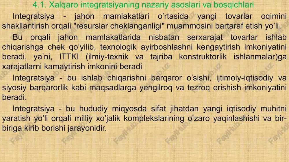 rdi, integratsion va kooperatsion aloqalarini mustahkamlash hamda uning xalqaro iqtisodiy qo’mita (mek), davlatlararo bank (mgb), mdh statistika qo’mitasi kabi institutsional tuzilmalarini shakllantirishda faol ishtirok etmoqda. iqtisodiy integratsiyaning asosiy shakllari: 1. erkin savdo hududi. uning doirasida qatnashuvchi mamlakatlar o’zaro savdo to’siqlarini bekor qiladilar, lekin ularning har ikkalasi uchinchi mamlakatlarga nisbatan savdo to’siqlarini buzmaydi. bunday hududda qatnashuvchi mamlakatlar chegaralaridagi bojxona nazorati saqlab qolinishi kerak. uning maqsadi - qo’shni qatnashchi mamlakatlarning sustroq bojxona to’sig’i orqali uchinchi mamlakatlardan hududga kirib keluvchi import mollar uchun soliq undirish yoki uni ta’qiqlashdan iborat 2. bojxonalar ittifoqi. bunda qatnashchi mamlakatlar o’zaro savdoda barcha cheklanishlarni bartaraf etibgina qolmay, tashqi savdo to’siqlarining yagona tizimini ta’sis etadilar. bu bilan ichki chegaralarda bojxona xizmatini saqlash zaruriyatini soqit qiladilar. evropa ittifoqi (ei) bojxona ittifoqiga misoldir. evropa ittifoqiga 1958 yilda asos solingan bo’lib, 1993 yilga kelib u g’arbiy evropadagi 12 mamlakatni birlashtirdi. bu uyushmaninig asosiy vazifasi ishtirokchi mamlakatlar doirasida resurslar, tovarlar va xizmatlar xarakatini …